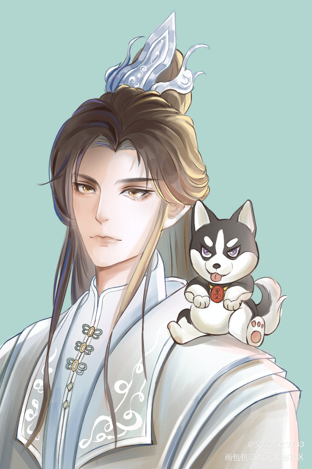 猫猫带着心爱的狗狗来给大家拜年_二哈和他的白猫师尊燃晚墨燃楚晚宁板绘涂绘画作品