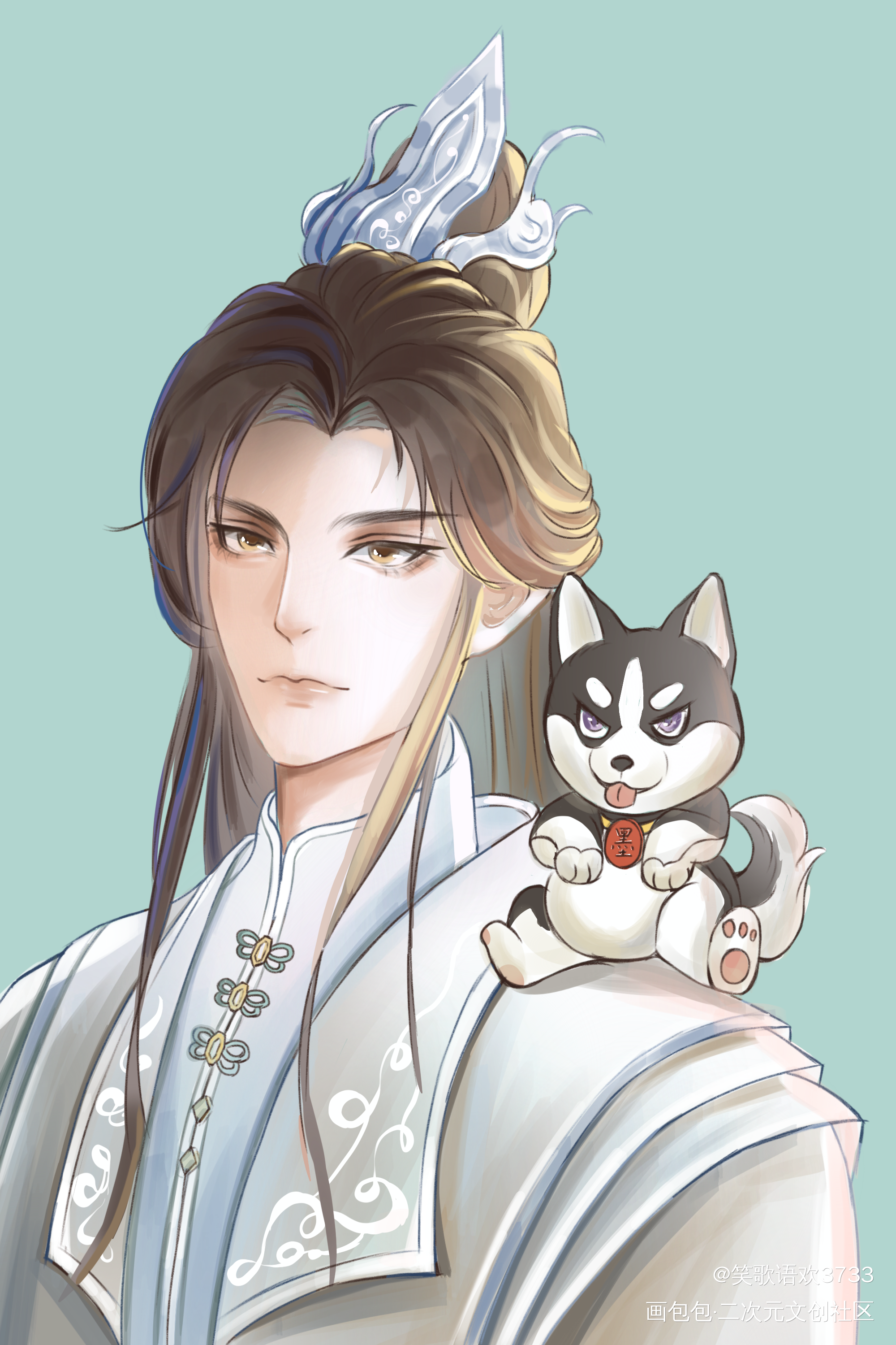 猫猫带着心爱的狗狗来给大家拜年_二哈和他的白猫师尊燃晚墨燃楚晚宁板绘涂绘画作品