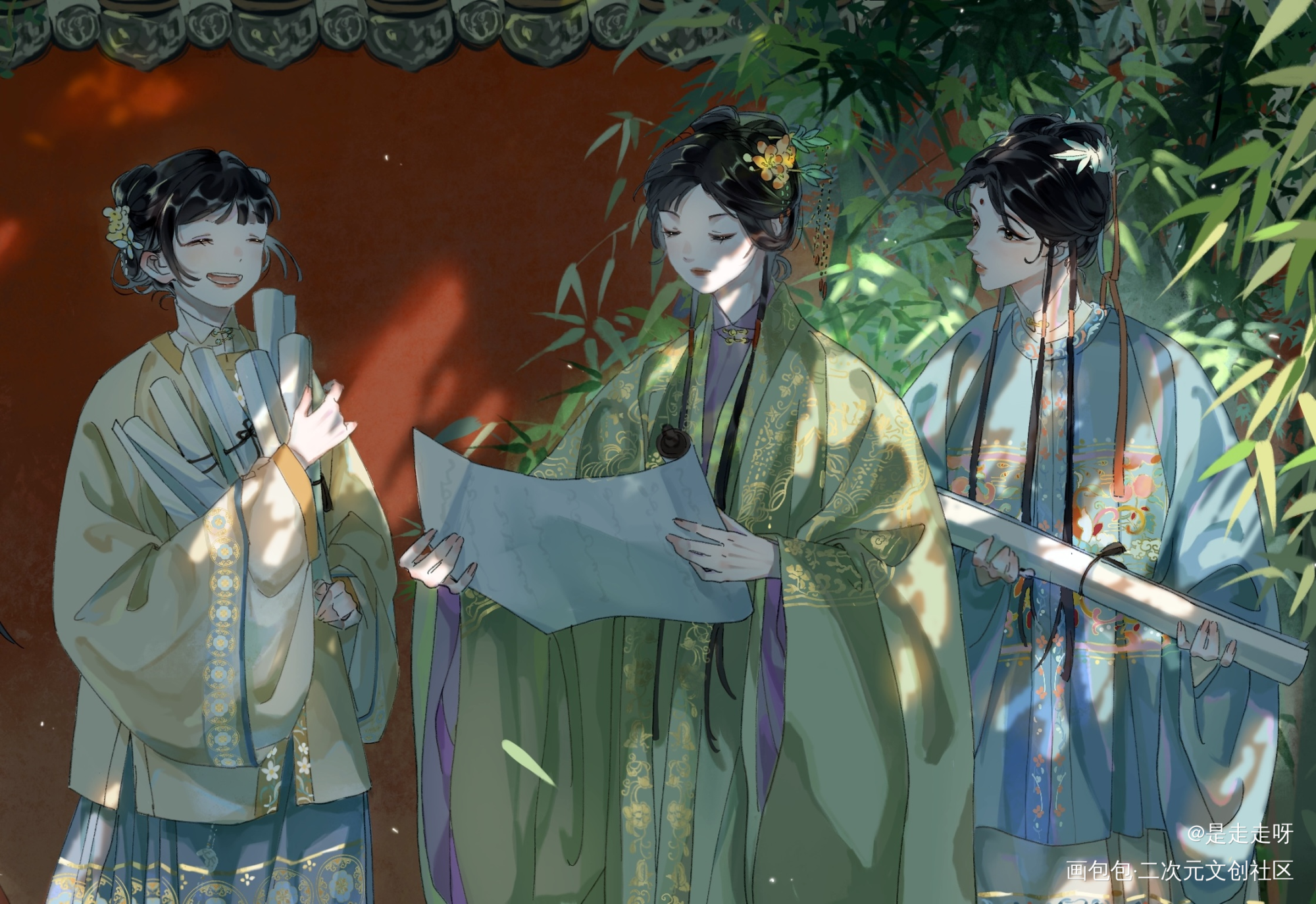大观园_红楼梦林黛玉古风平涂薛宝钗绘画作品