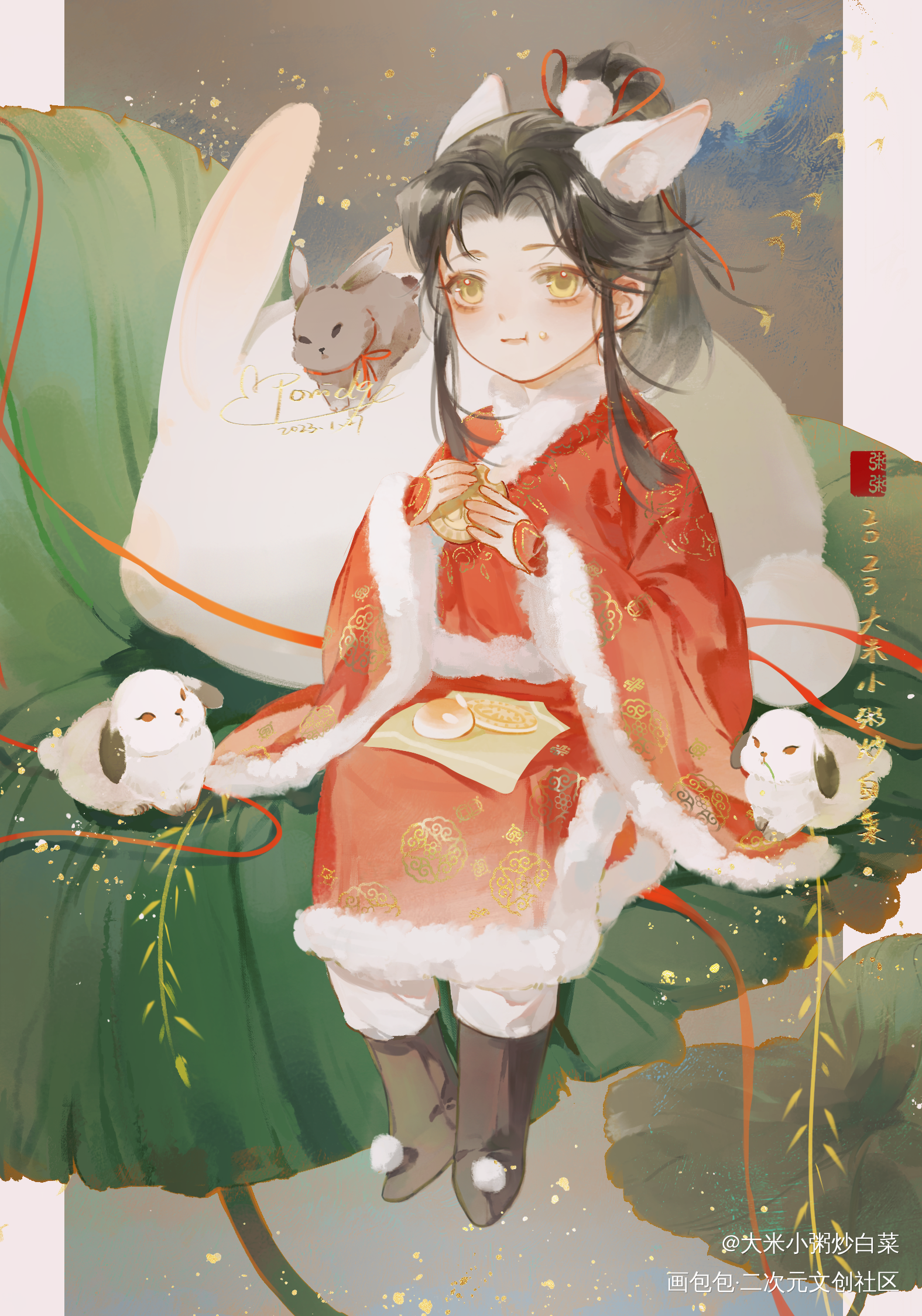 新年快乐哇_二哈和他的白猫师尊燃晚楚晚宁古风插画绘画绘画作品