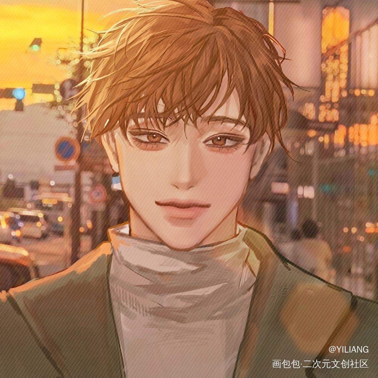 【晏周】夕阳下等待的爱人_职业替身188男团晏周绘画作品
