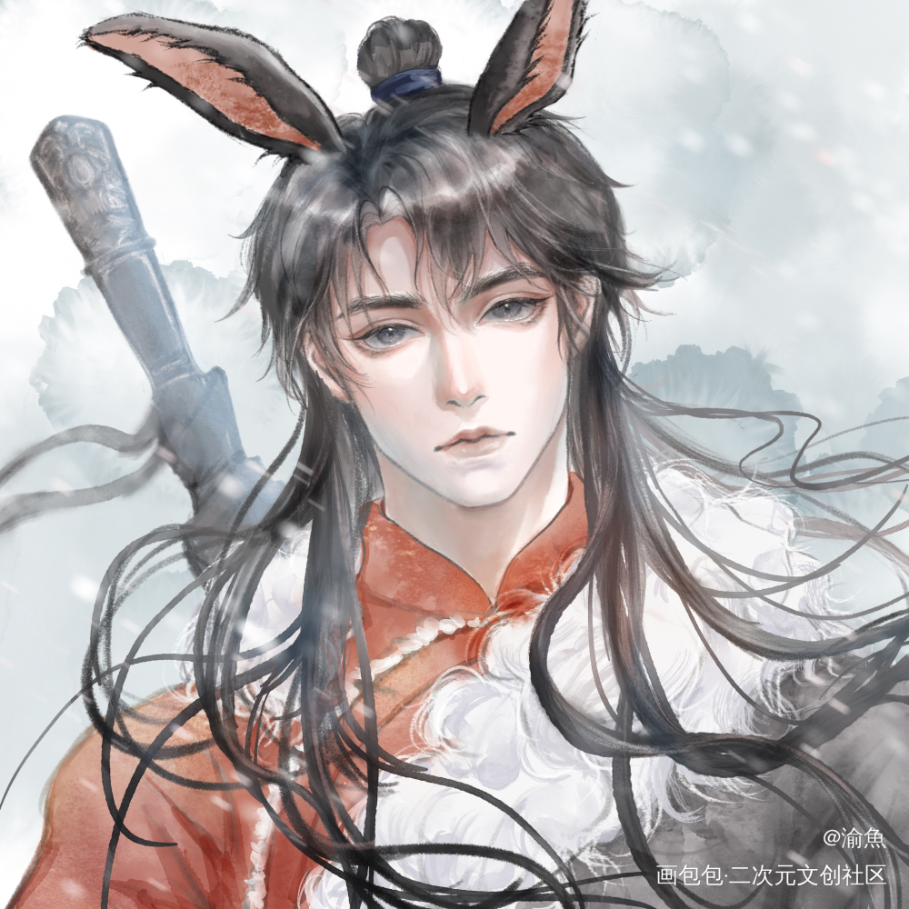 藏服小哥，右滑+兔耳_盗墓笔记瓶邪张起灵古风半厚涂水彩头像绘画绘画作品
