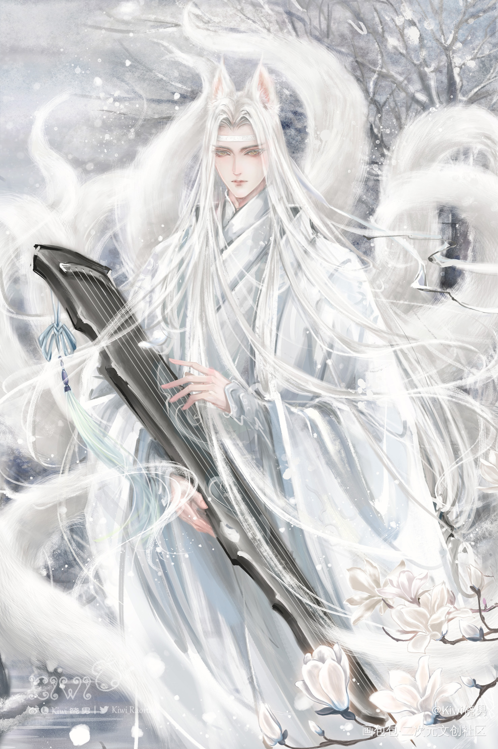 修了一张众筹用的九尾白狐叽_魔道祖师忘羡蓝忘机蓝忘机0123生日快乐墨香铜臭绘画作品