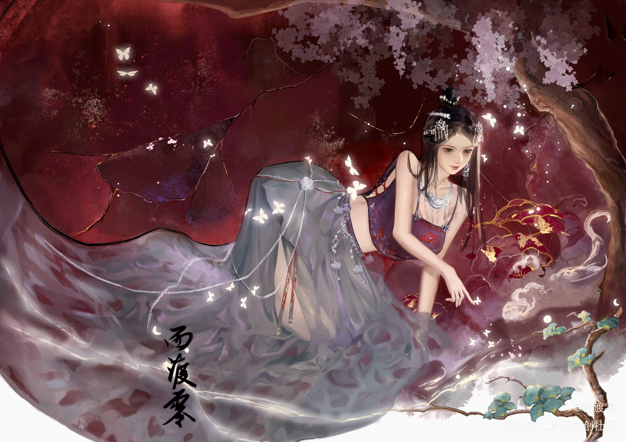 “飞到我这里来吧，小蝴蝶”_古风厚涂插画古风插画原创绘画作品