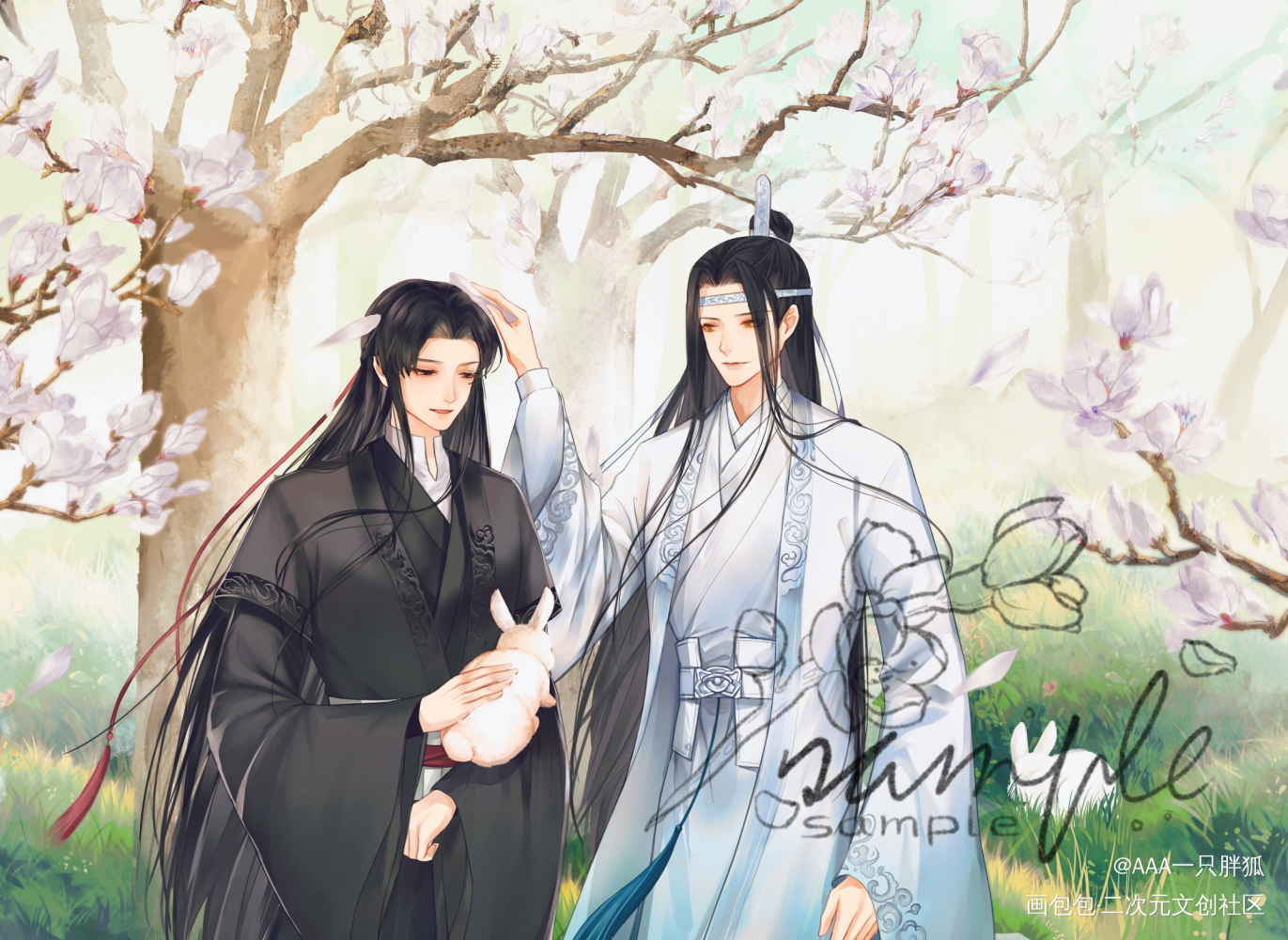『落樱缤纷』——忘羡情人节贺图_魔道祖师忘羡蓝忘机魏无羡节日绘画作品