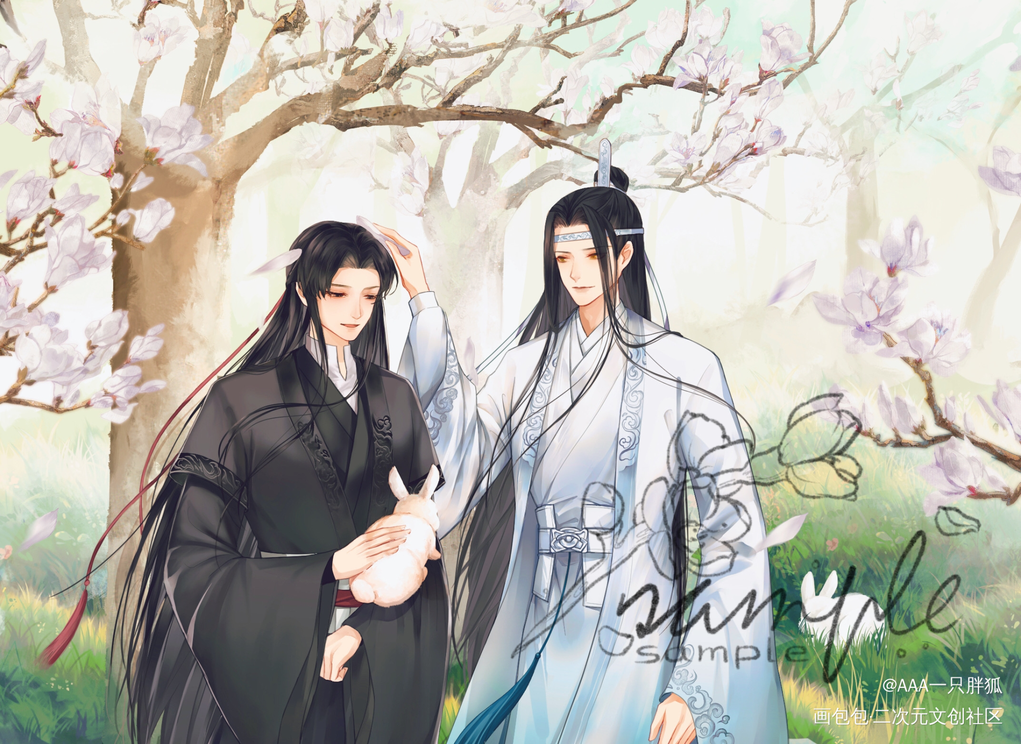 『落樱缤纷』——忘羡情人节贺图_魔道祖师忘羡蓝忘机魏无羡节日绘画作品