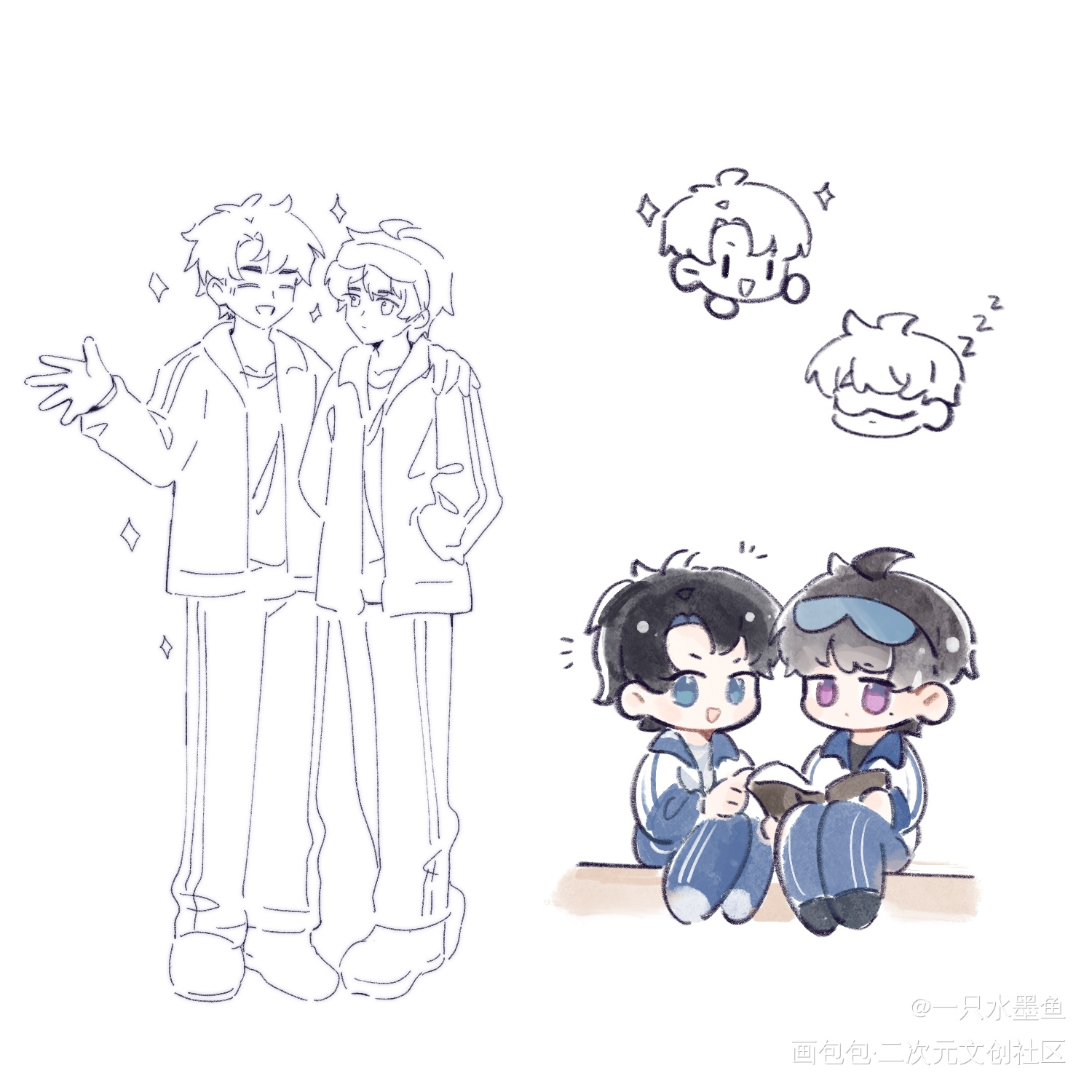 小摸一手_伪装学渣朝俞谢俞贺朝Q版绘画作品