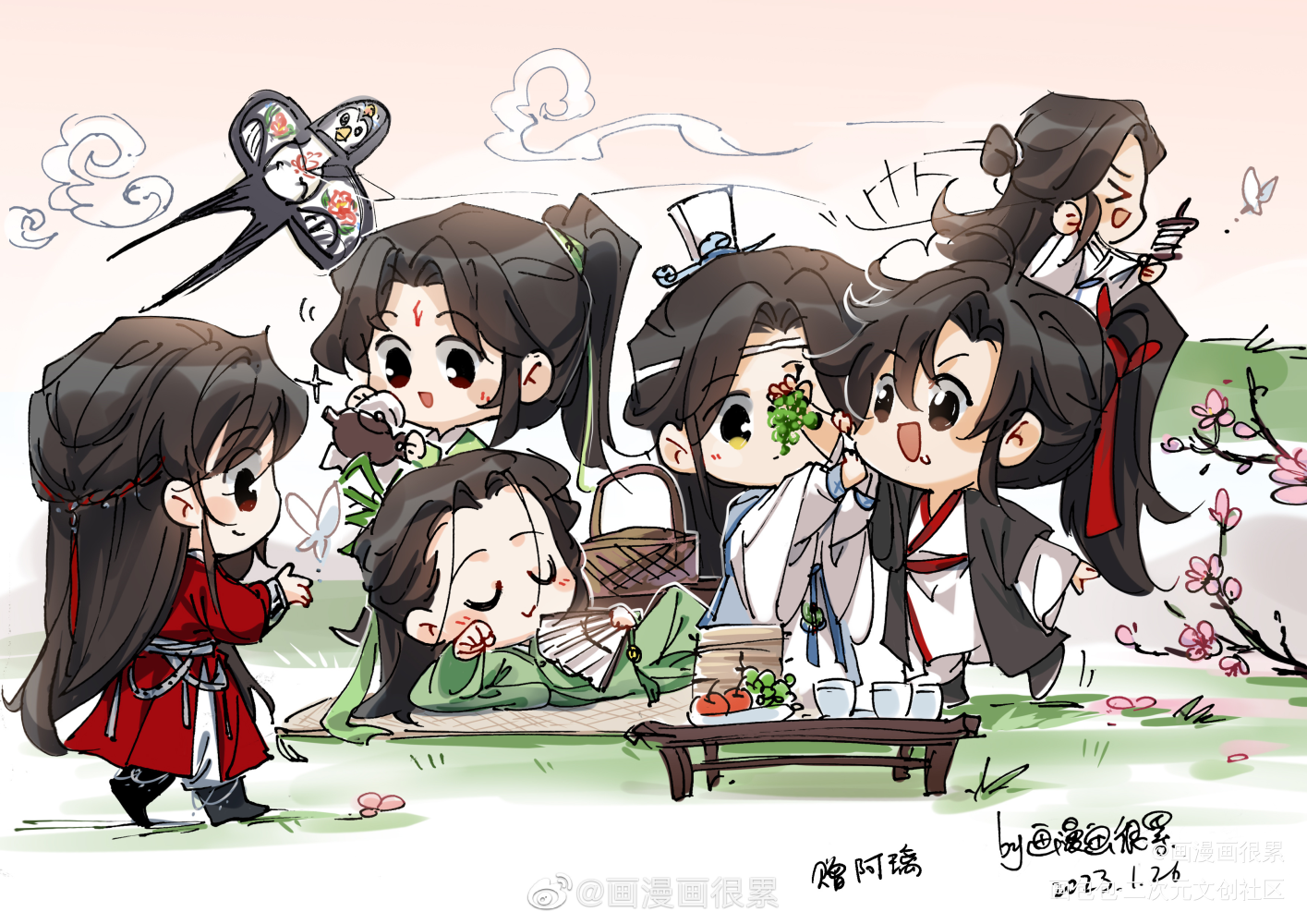 春日踏青_人渣反派自救系统天官赐福魔道祖师Q版绘画作品