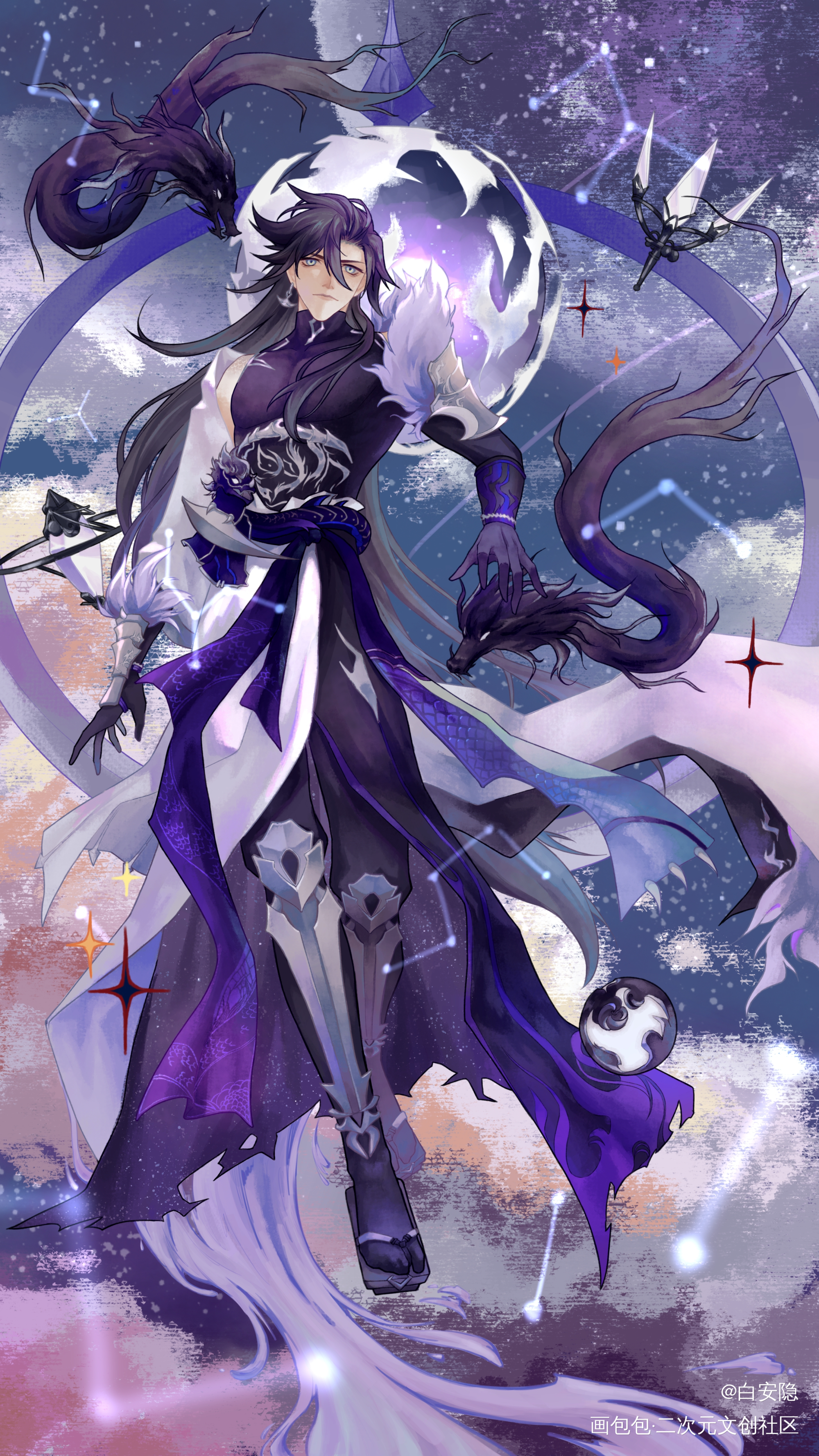 搬一搬以前的作品_阴阳师荒半厚涂全身插画同人神启荒板绘绘画作品