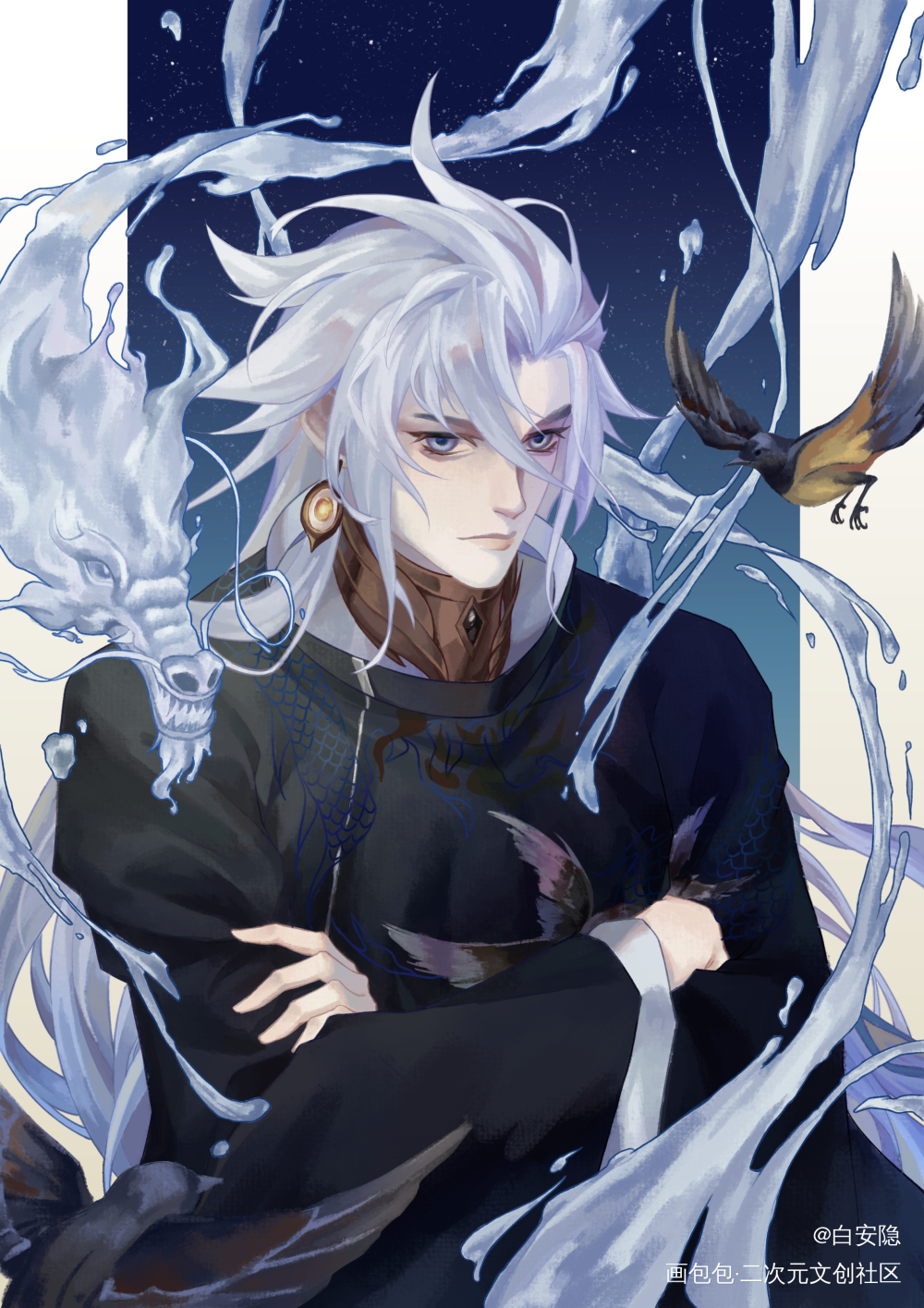 当了半年神王，黑发变白发_阴阳师荒平涂插画同人板绘绘画作品
