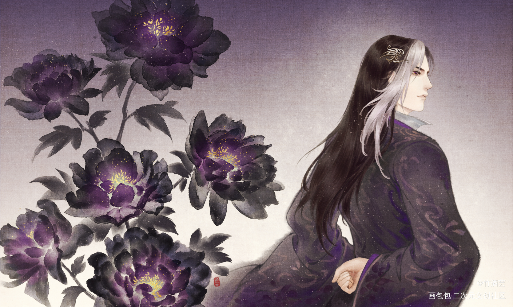 黑牡丹与白玉兰_山河剑心千秋绘画作品
