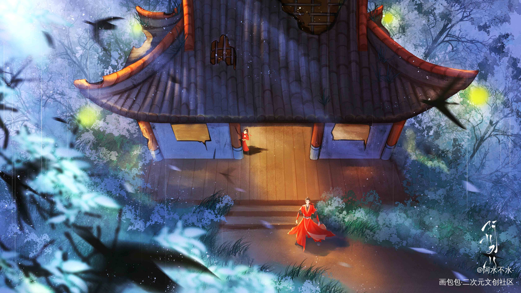 女帝庙前遇故人_摸鱼页古风平涂野宴风景板绘oc绘画作品