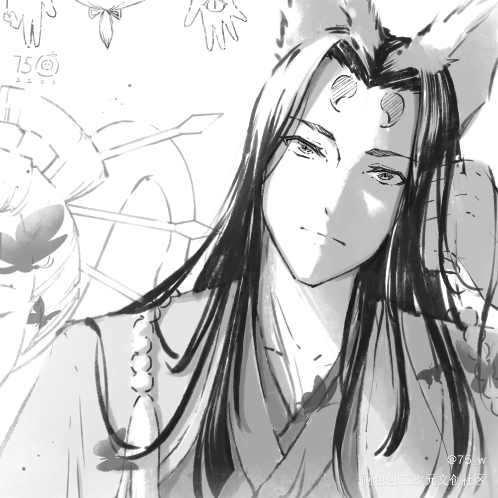崽崽们_阴阳师猫掌柜鬼童丸玉藻前黑白简笔日和坊鲤鱼精八百比丘尼绘画作品