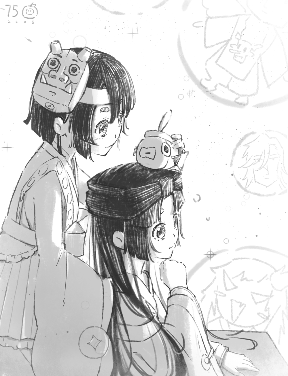 _阴阳师金鱼姬辉夜姬黑白简笔绘画作品