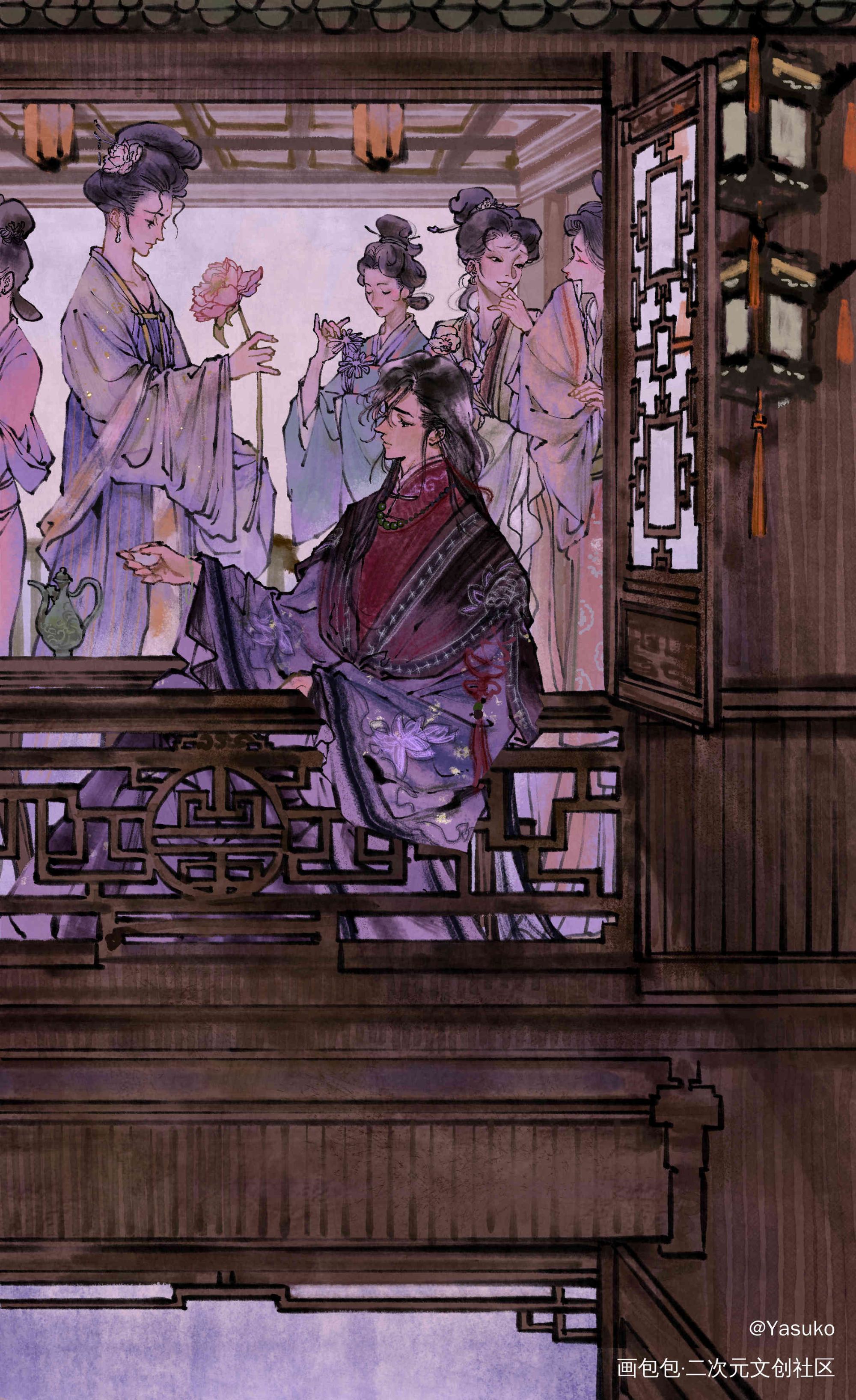 忘羡楼台抛花1_魔道祖师忘羡绘画作品