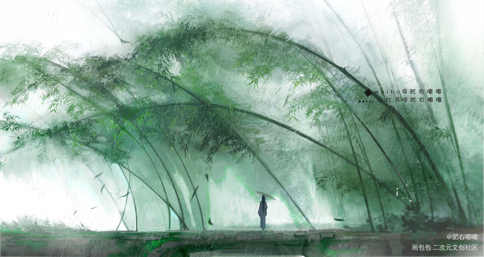 风吹竹林_古风场景仿水彩古风插画绘画作品