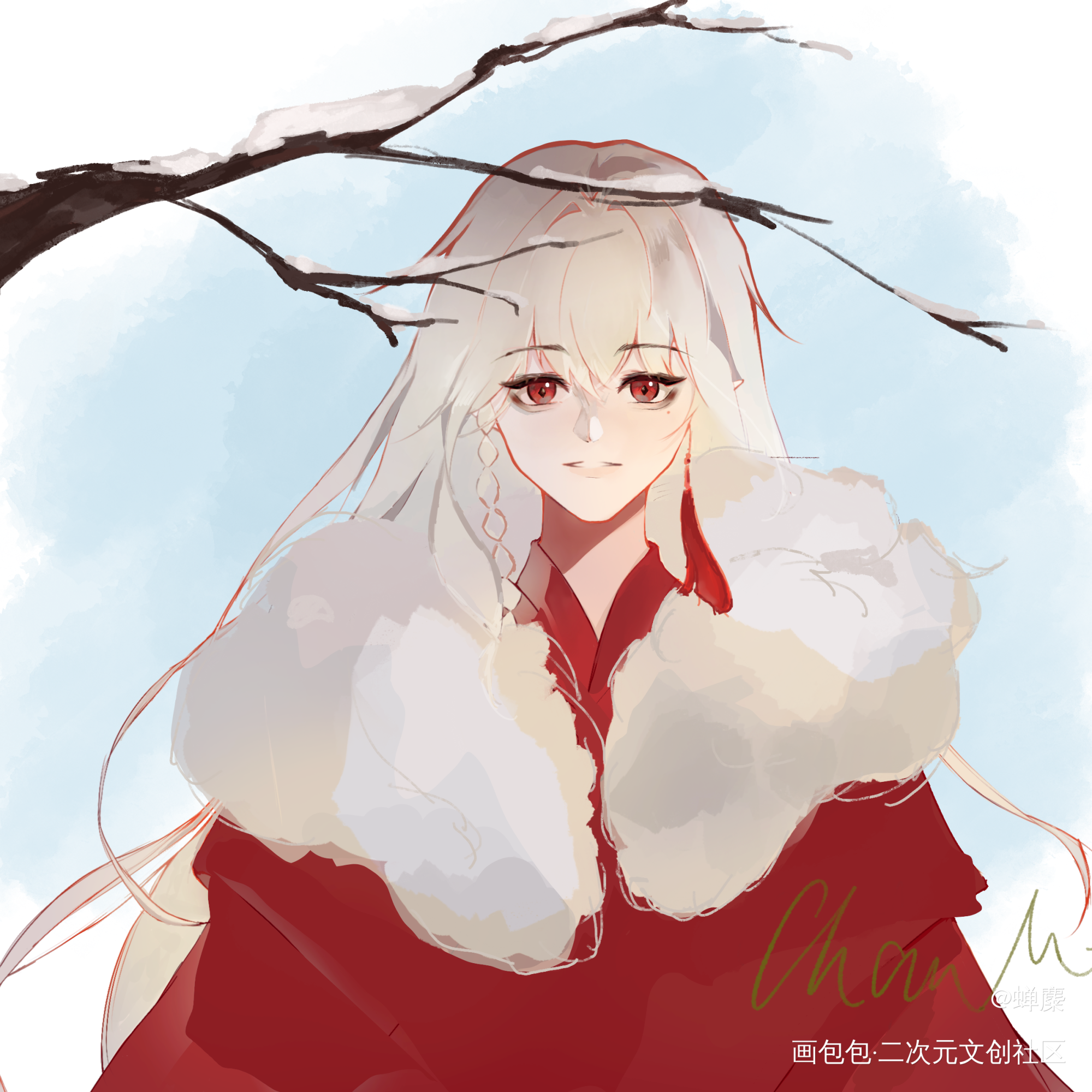 苍山宴雪_初雪白发红瞳画画板绘绘画作品