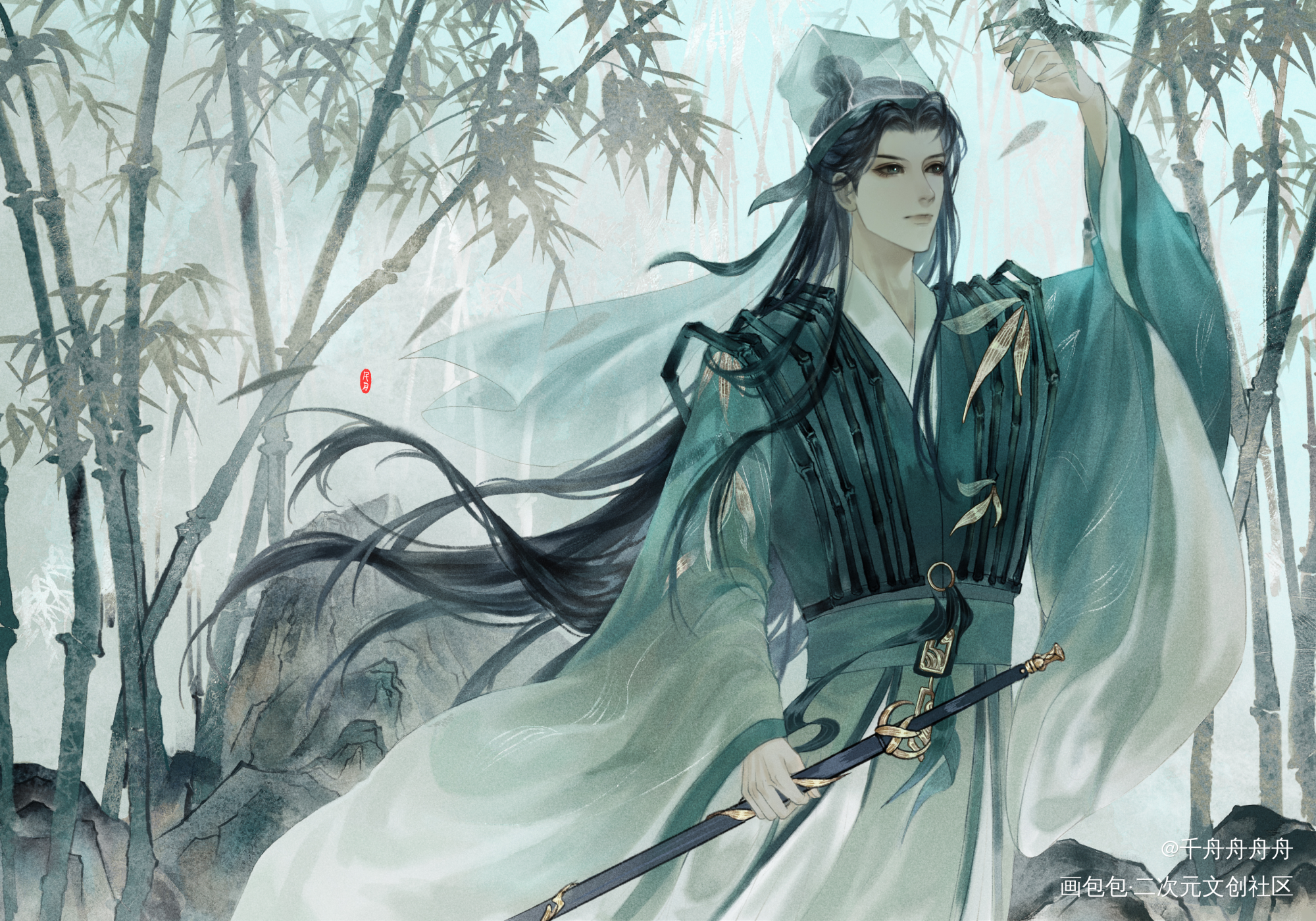 山阴竹青_忘川风华录古风插画同人第四届七夕同人展王阳明绘画作品