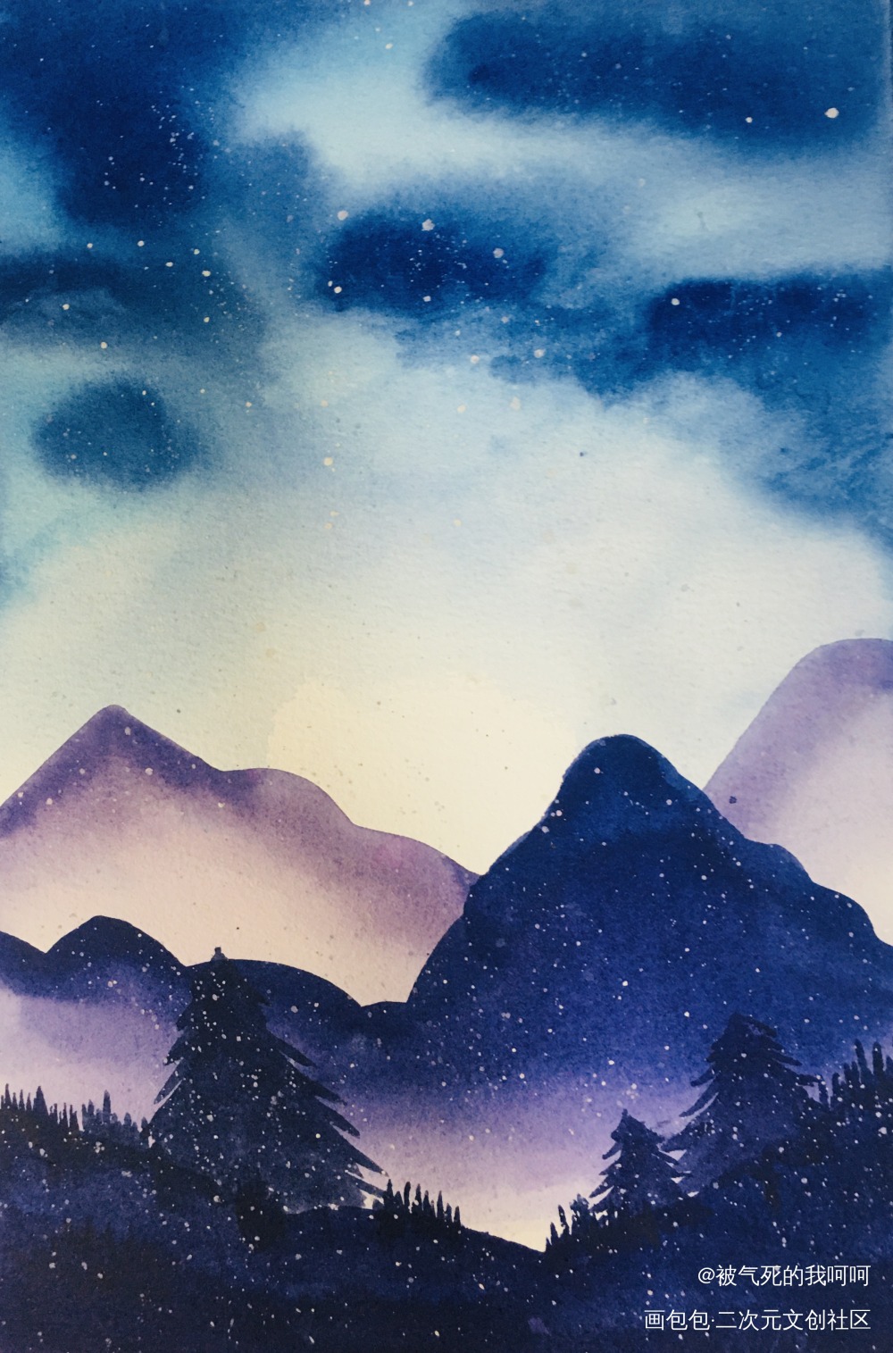 空山不见人，但闻人语响。_古风水彩场景画画绘画绘画作品