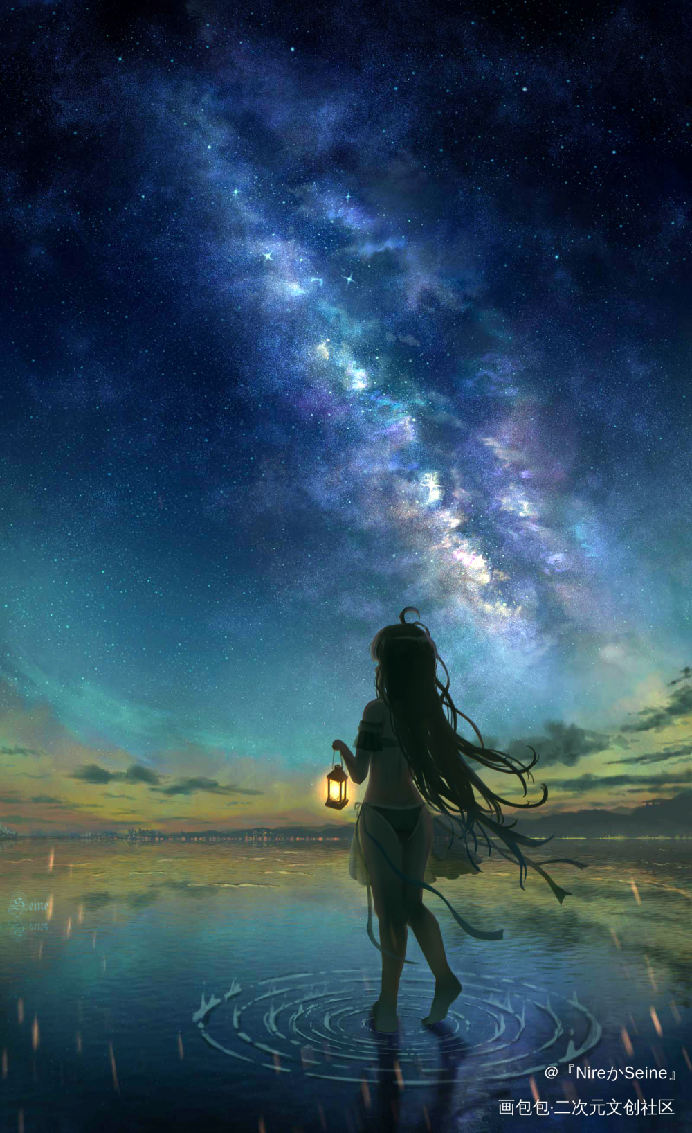 夜游星海_日系插画风景壁纸板绘绘画作品