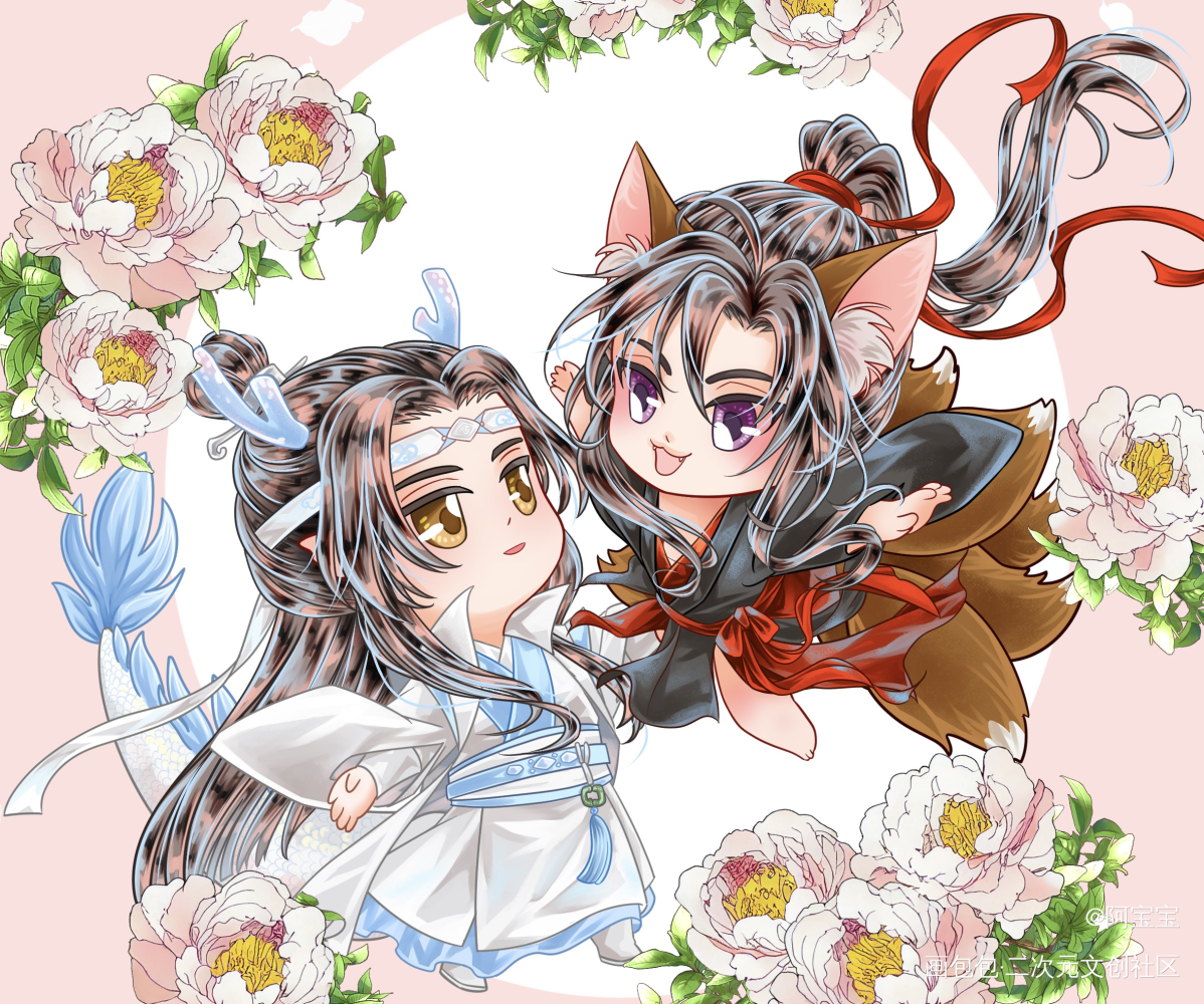 忘羨龍狐飛撲_魔道祖师忘羡蓝忘机魏无羡魏无羡蓝忘机绘画作品