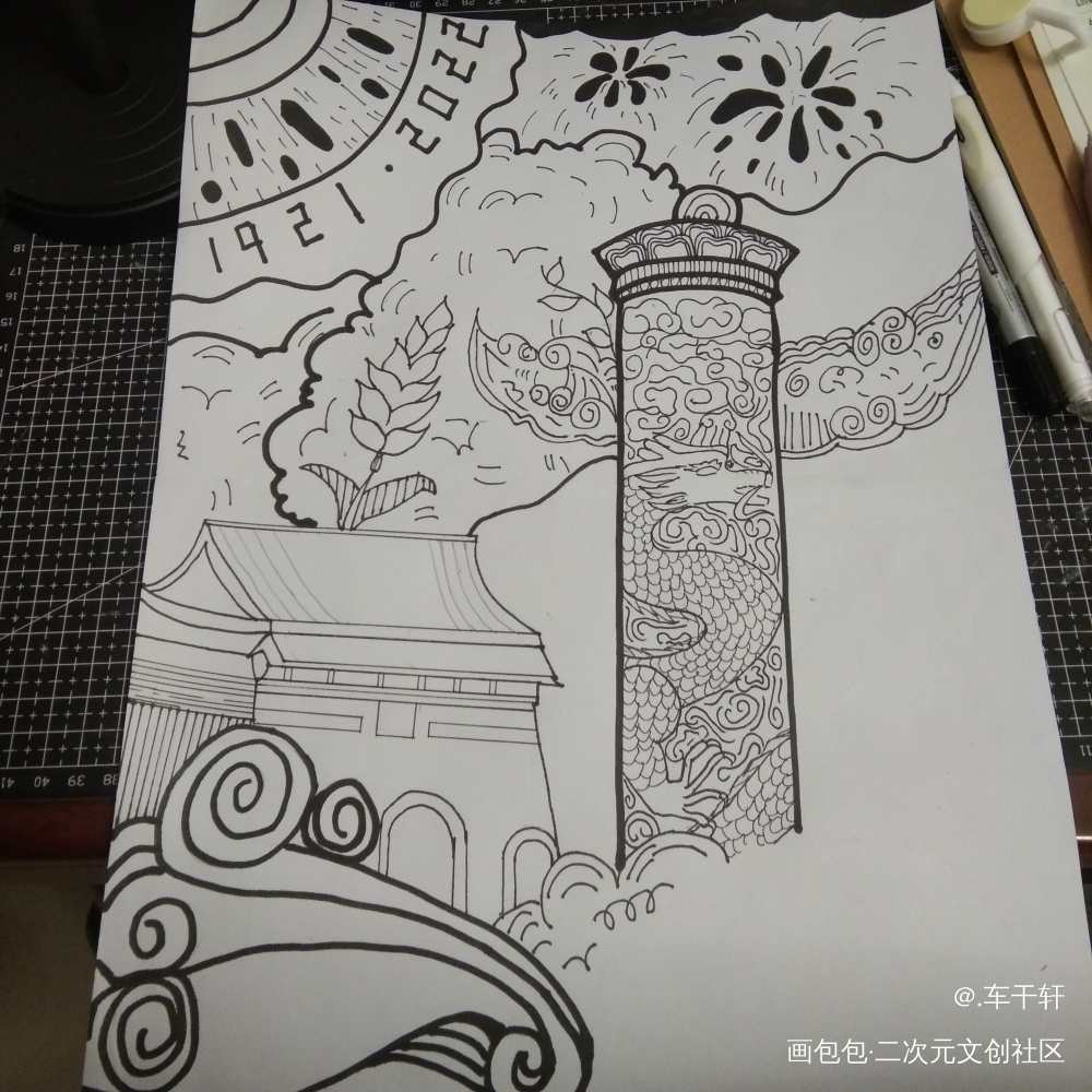 _铅笔黑白简笔国庆绘画作品