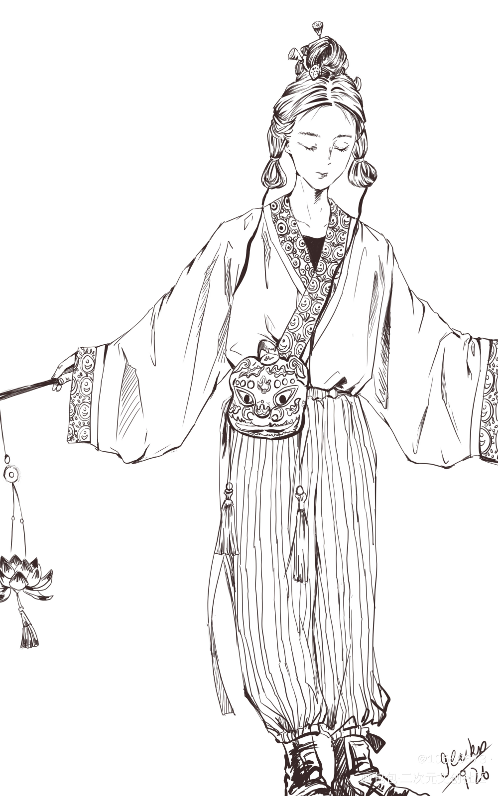 古风少女_黑白简笔绘画作品