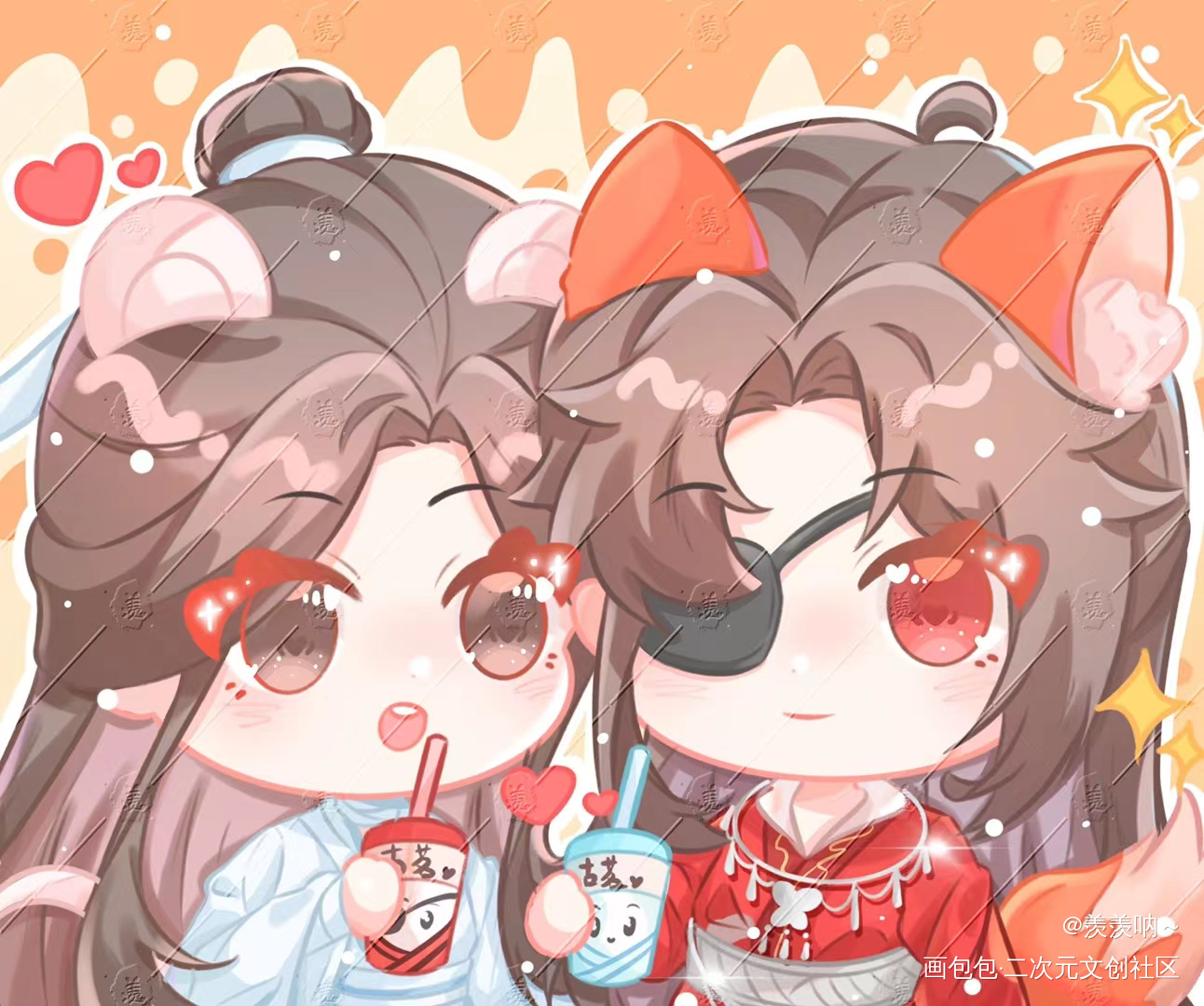 都喝到奶茶了吗~_天官赐福花怜谢怜花城彩色漫画Q版ipad画画画画墨香铜臭绘画绘画作品