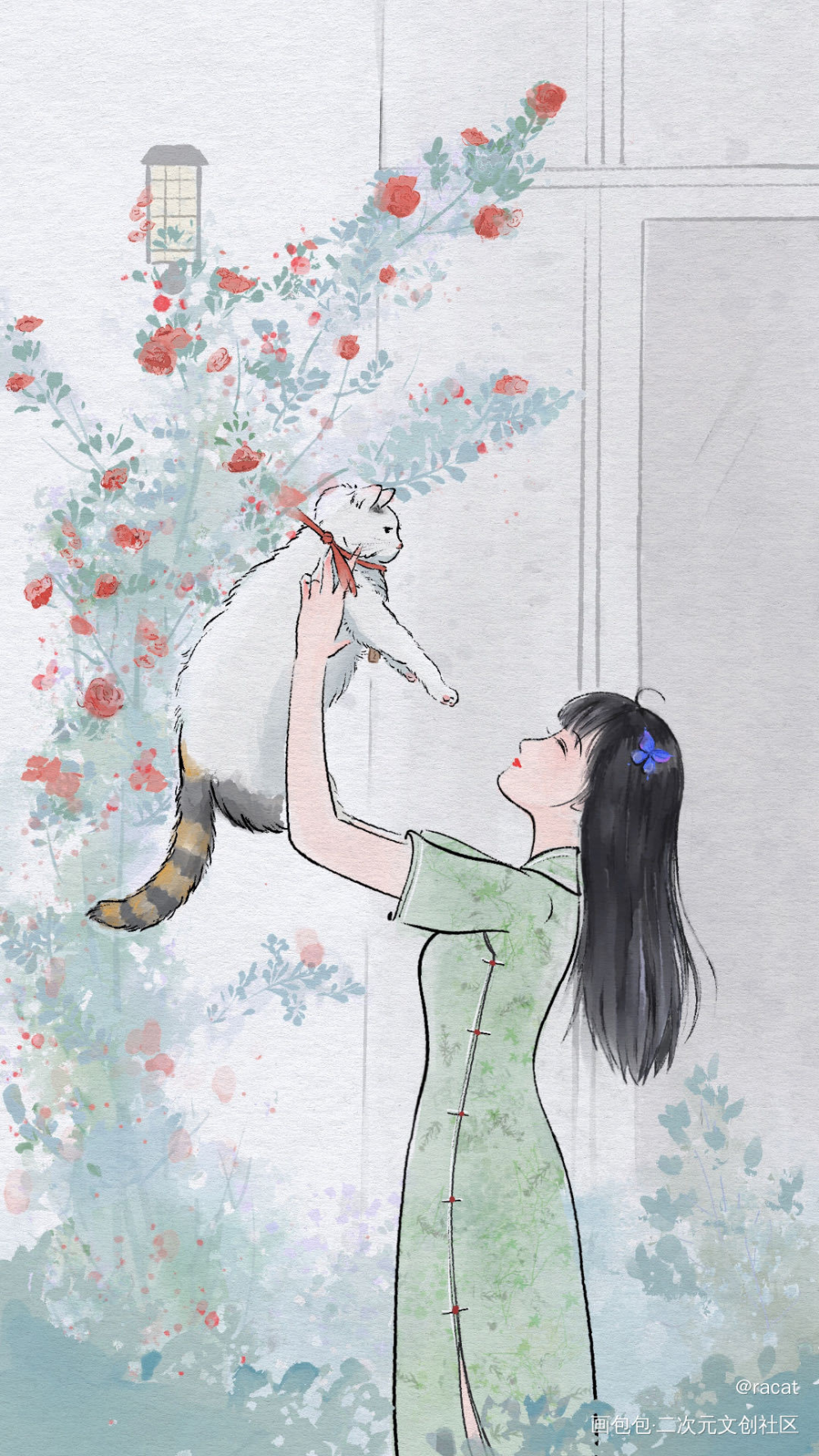 旗袍仕女撸咪图_猫咪的玫瑰古风旗袍绘画作品