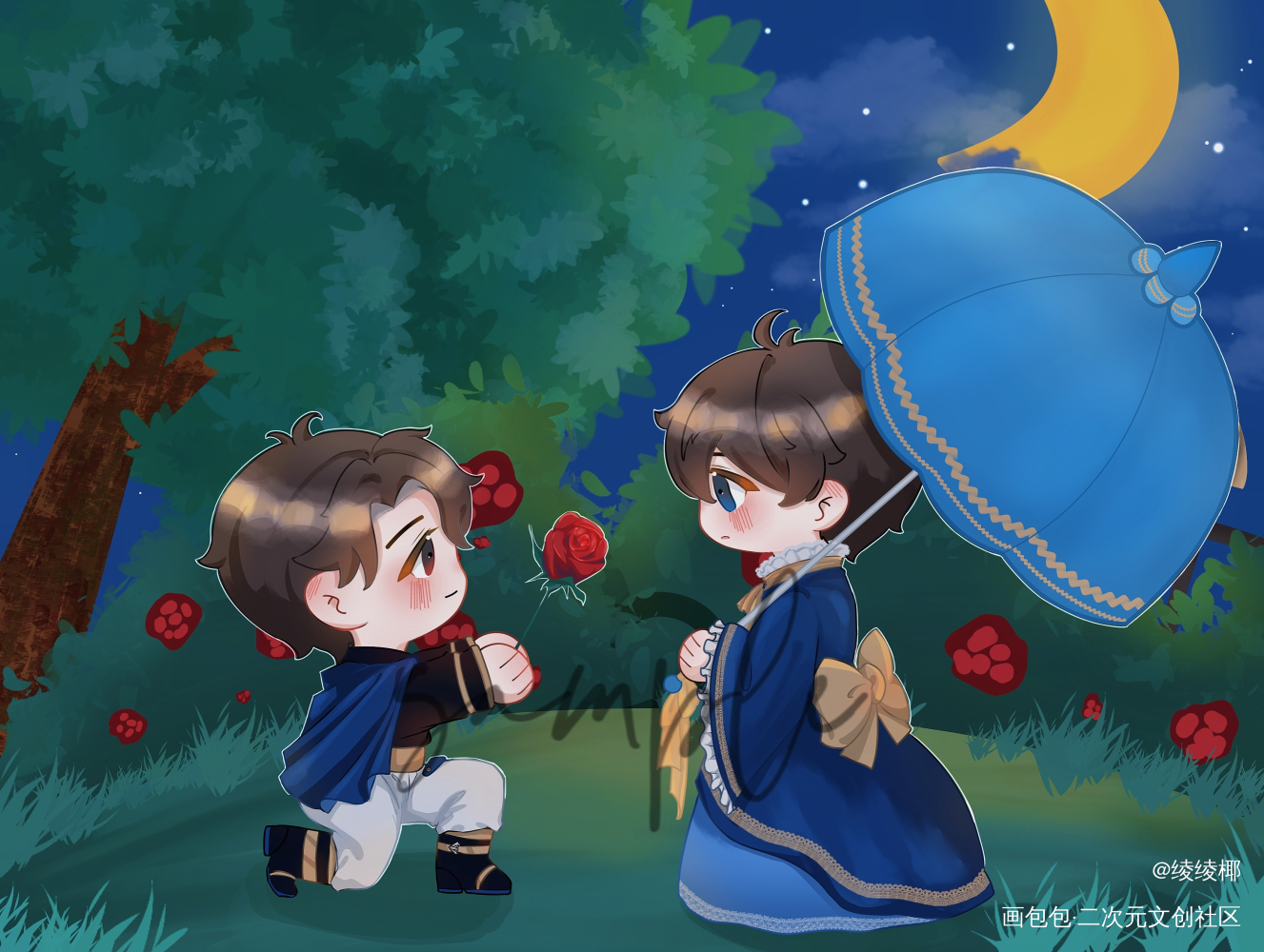 “花花送给你~”_破云严峫江停Q版绘画作品