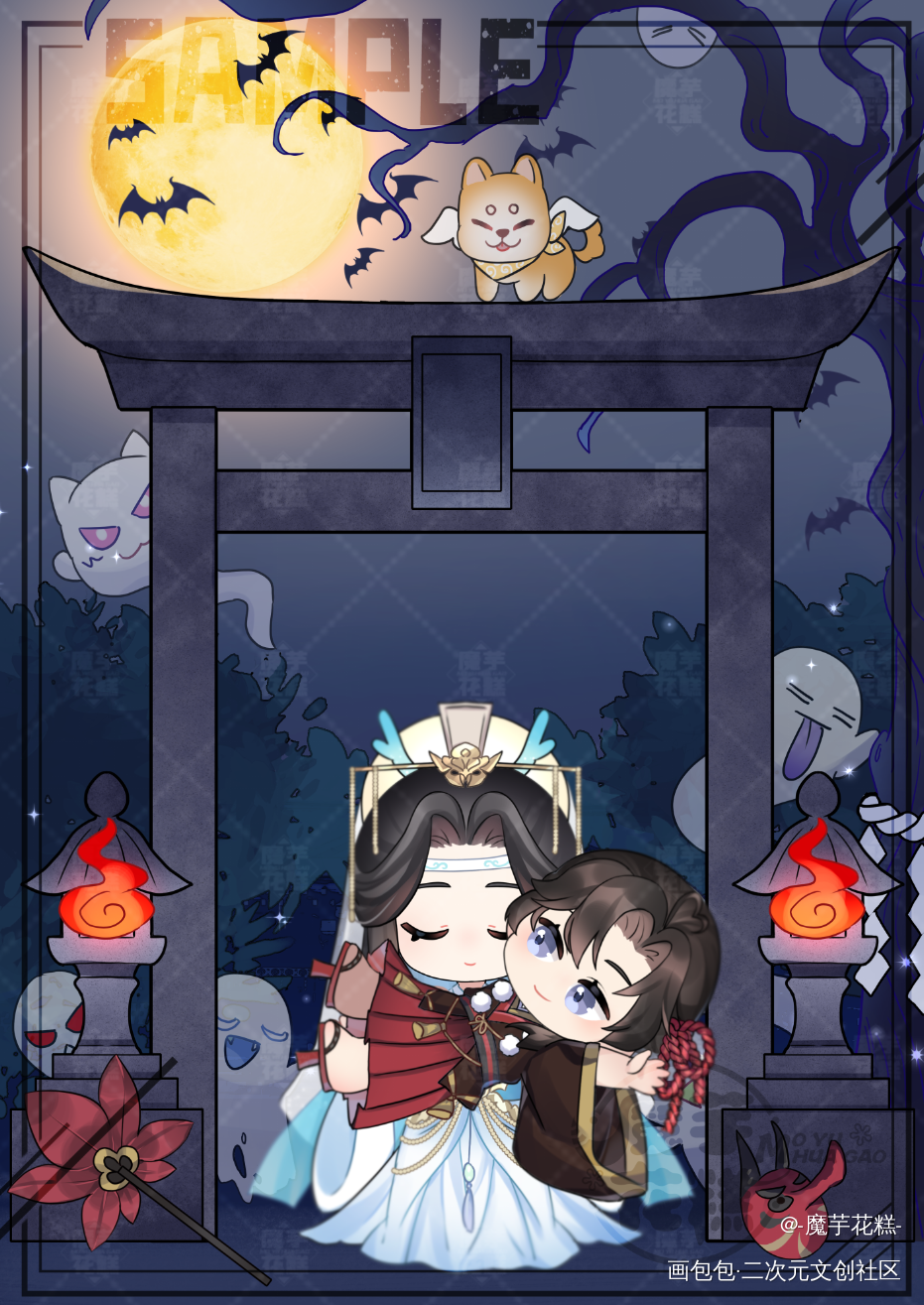 _魔道祖师蓝忘机魏无羡古风Q版绘画作品