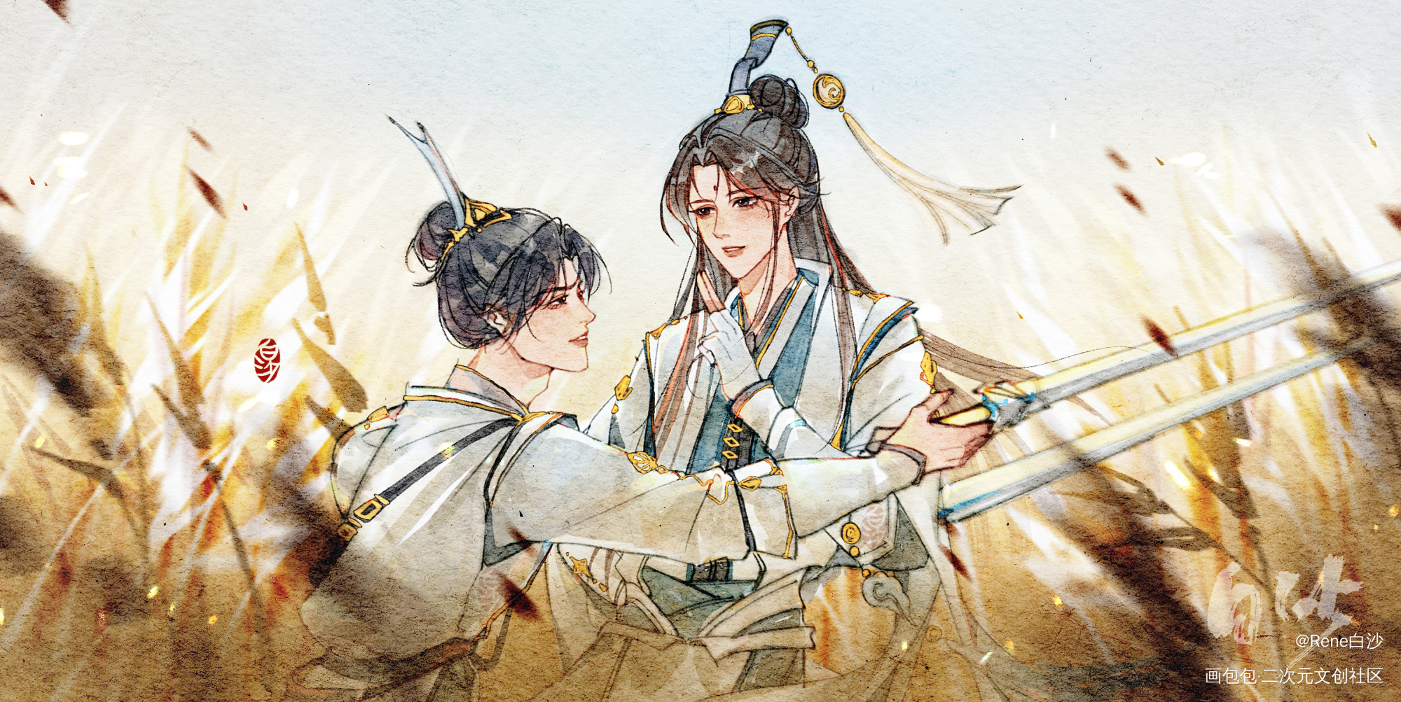 “师弟。”“嗯。”_剑网3古风古风水彩谢云流李忘生绘画作品