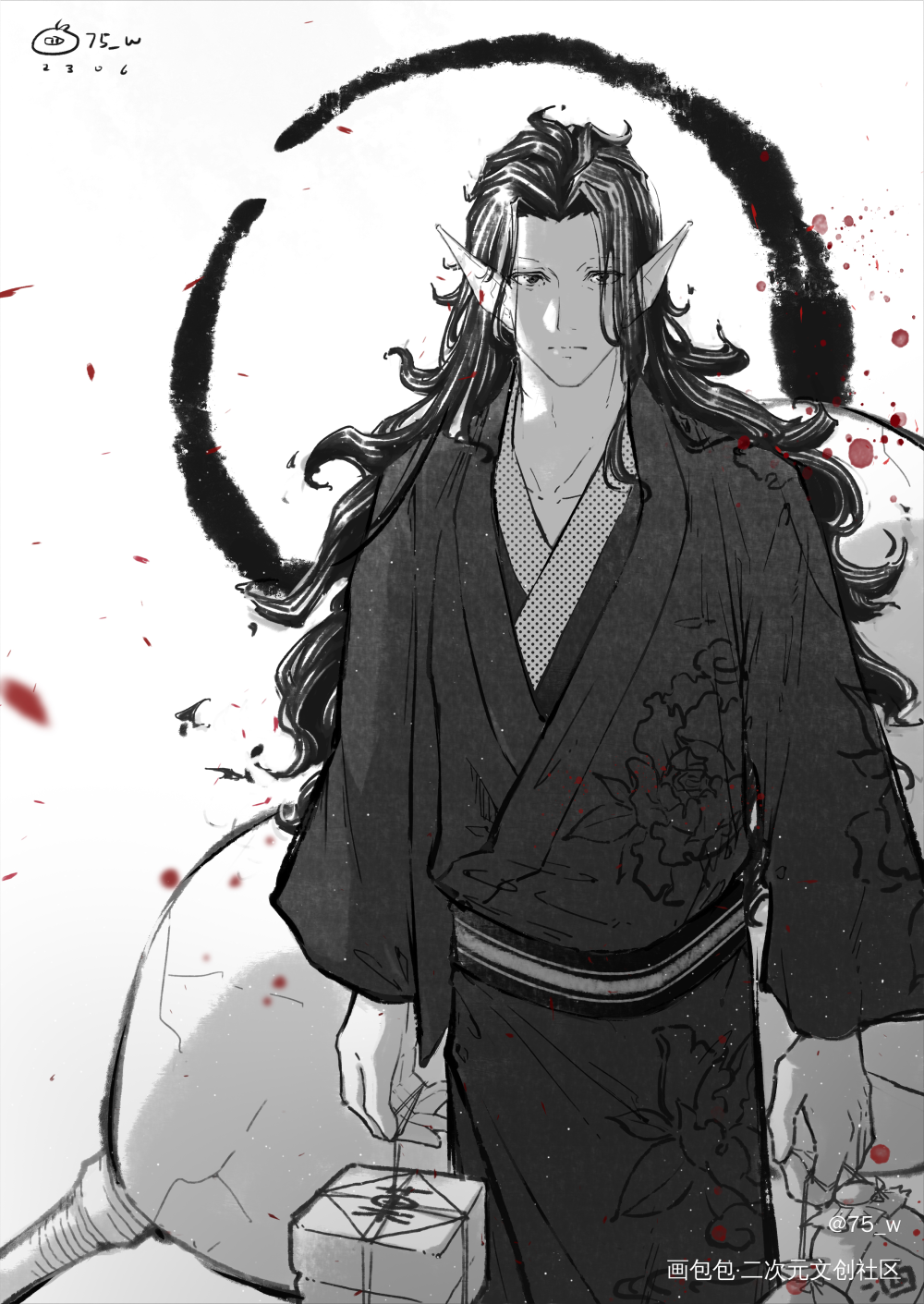 _阴阳师酒吞童子黑白绘画作品
