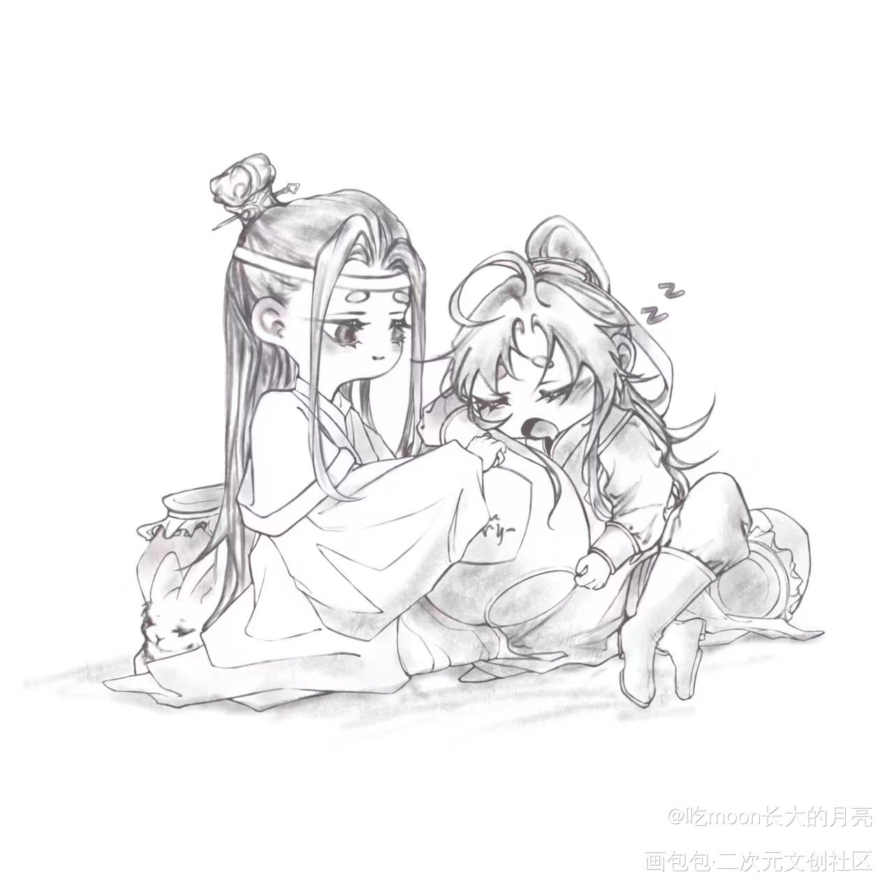 无色忘羡_魔道祖师蓝忘机·魔道祖师魏无羡·魔道祖师黑白绘画作品