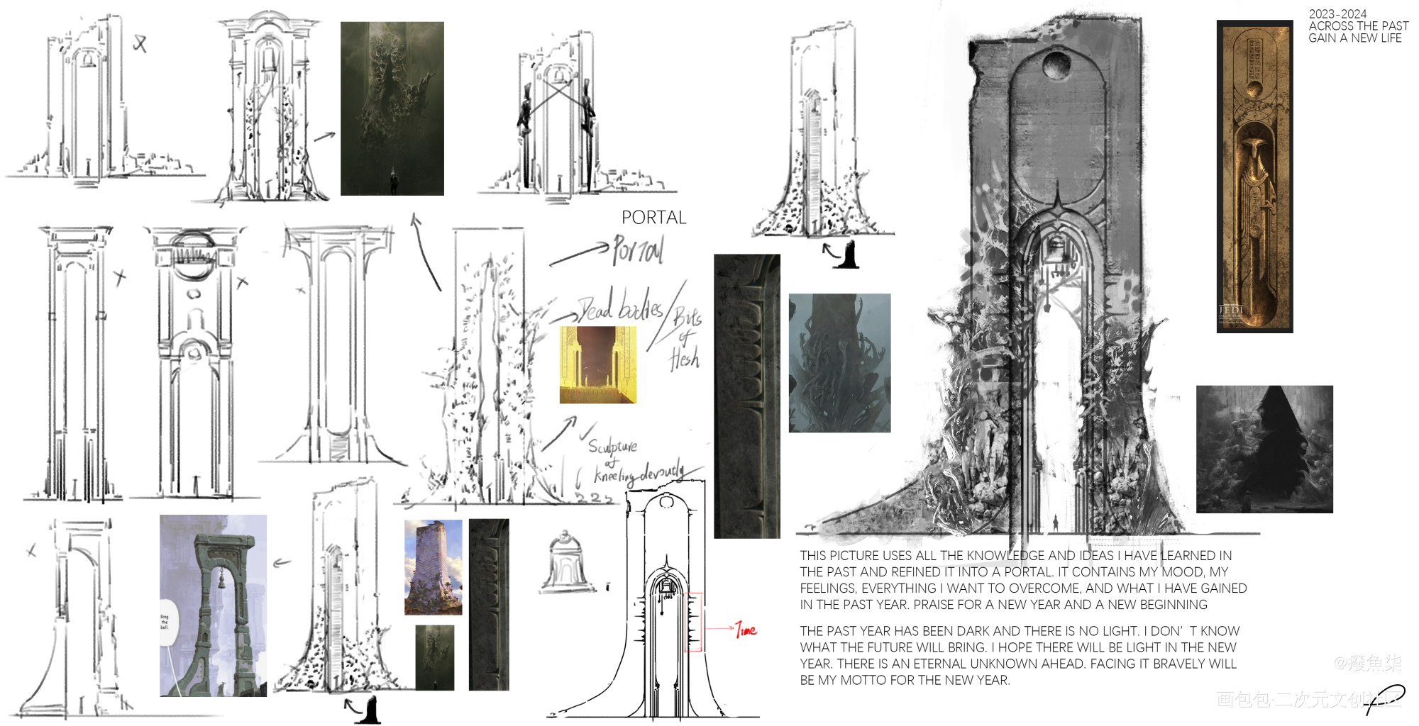 跨越过去，欢迎新生_2023画包包年度报告手绘桌面厚涂原创场景绘画作品