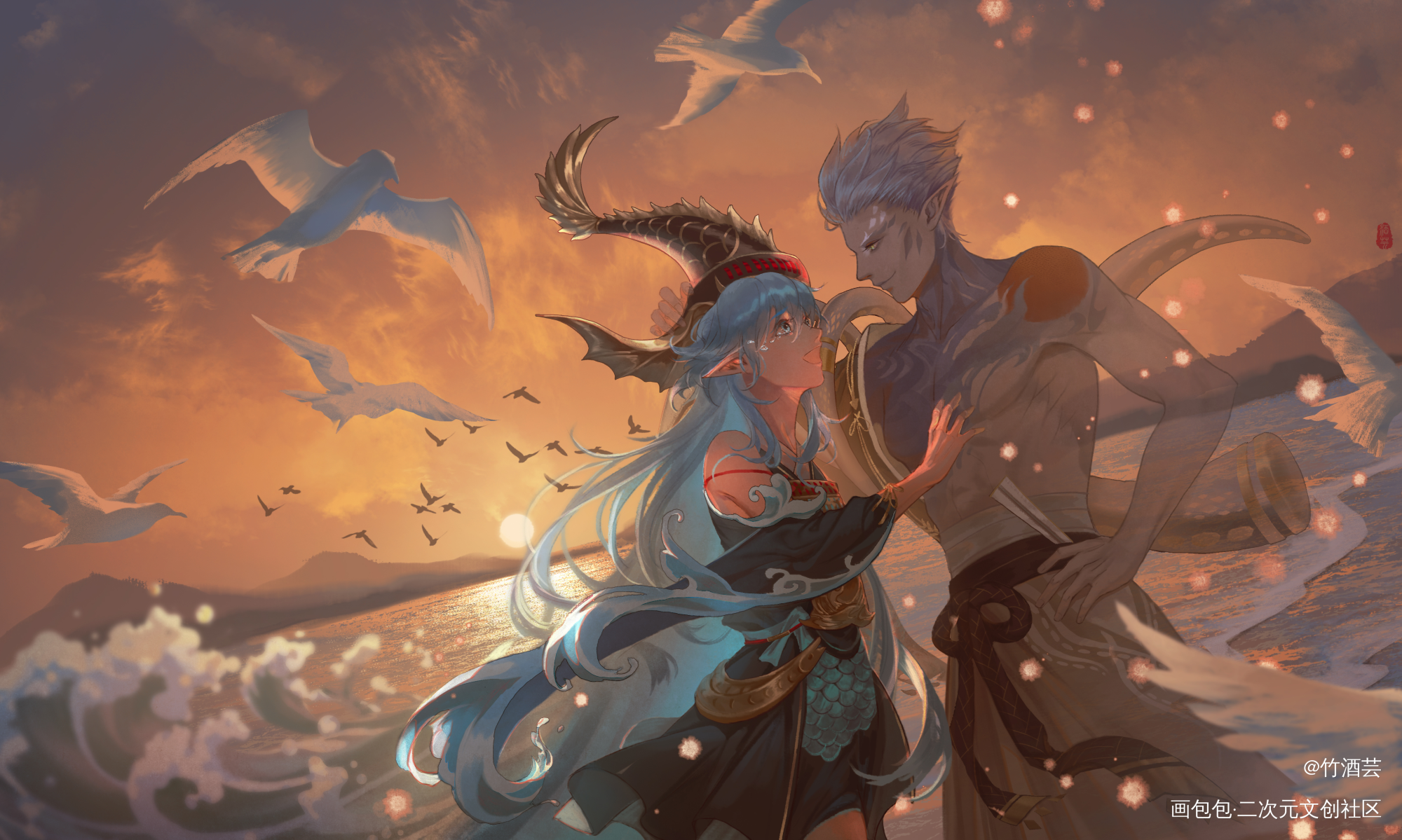金鱼姬&荒川-惜别_阴阳师荒川之主金鱼姬绘画作品