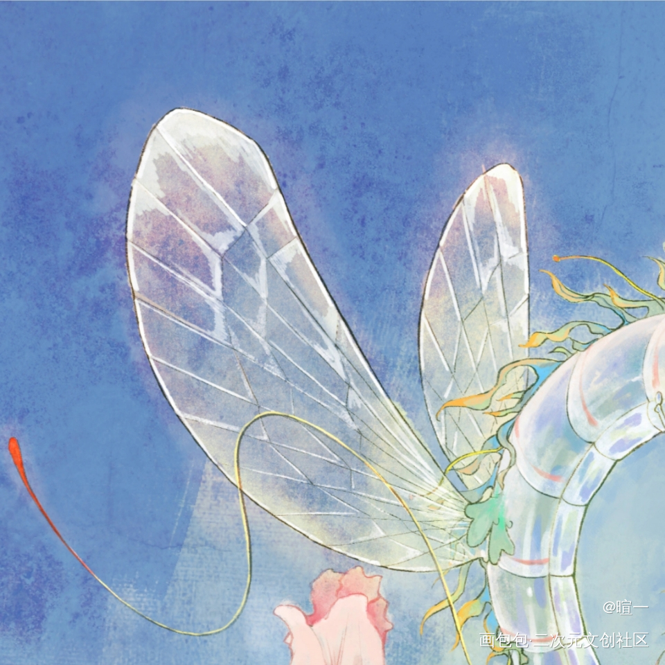 不知春秋丨蜉蝣龙龙和共生花木槿_古风插画原创插画板绘原创绘画作品