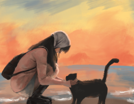 落日与我的小猫_绘画作品
