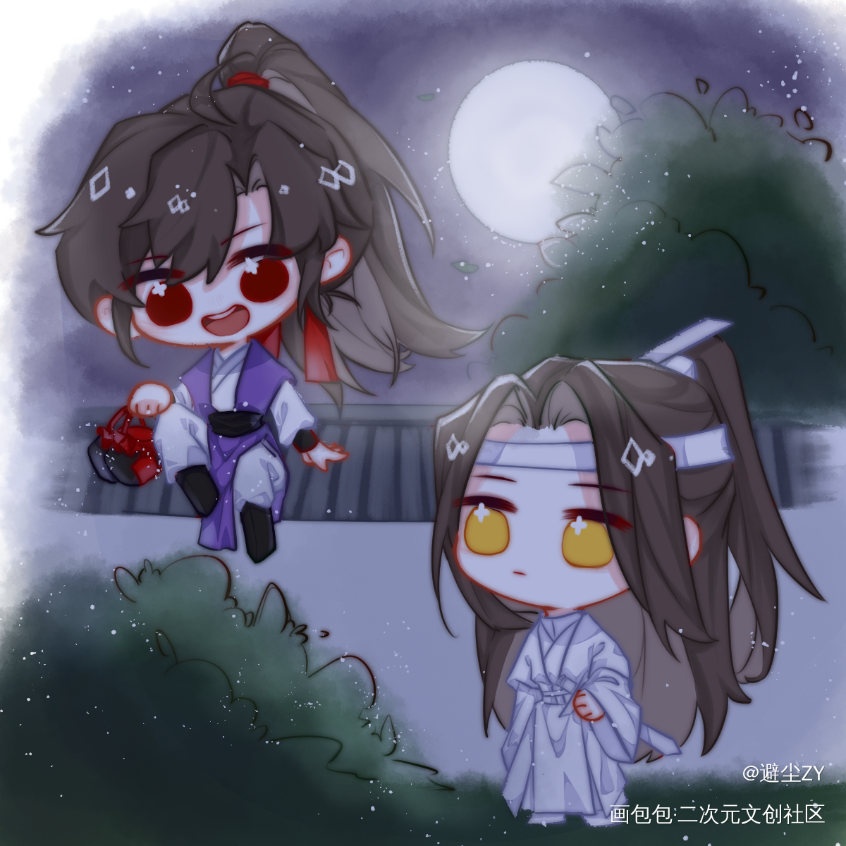 忘羡·月下初见_魔道祖师蓝忘机·魔道祖师魏无羡·魔道祖师绘画作品