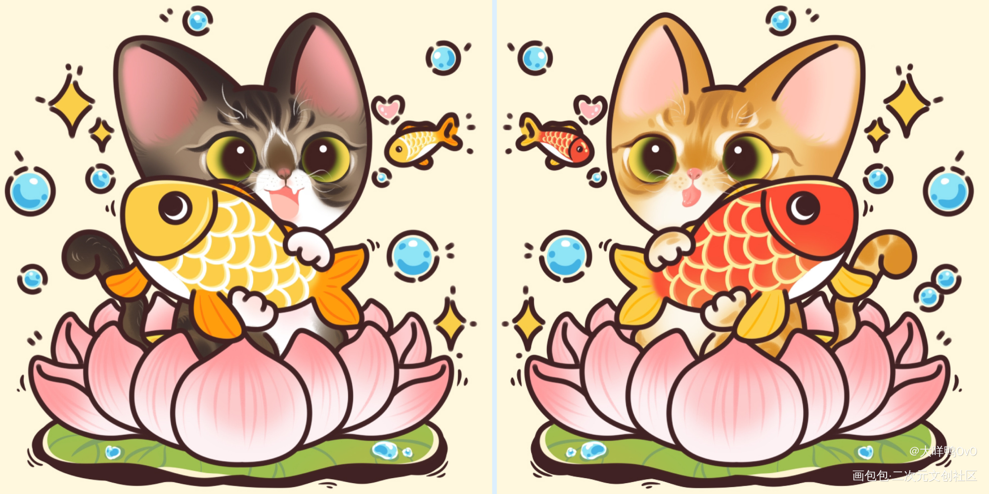 好运喵喵 好事成双(^з^)-☆_猫咪宠物绘画作品