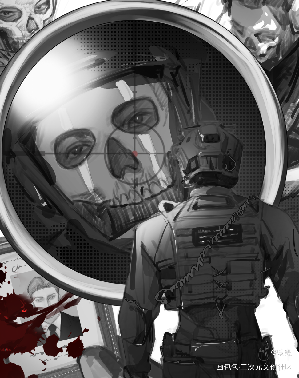 摸个鱼🐟_使命召唤ghost手绘黑白摸鱼绘画作品