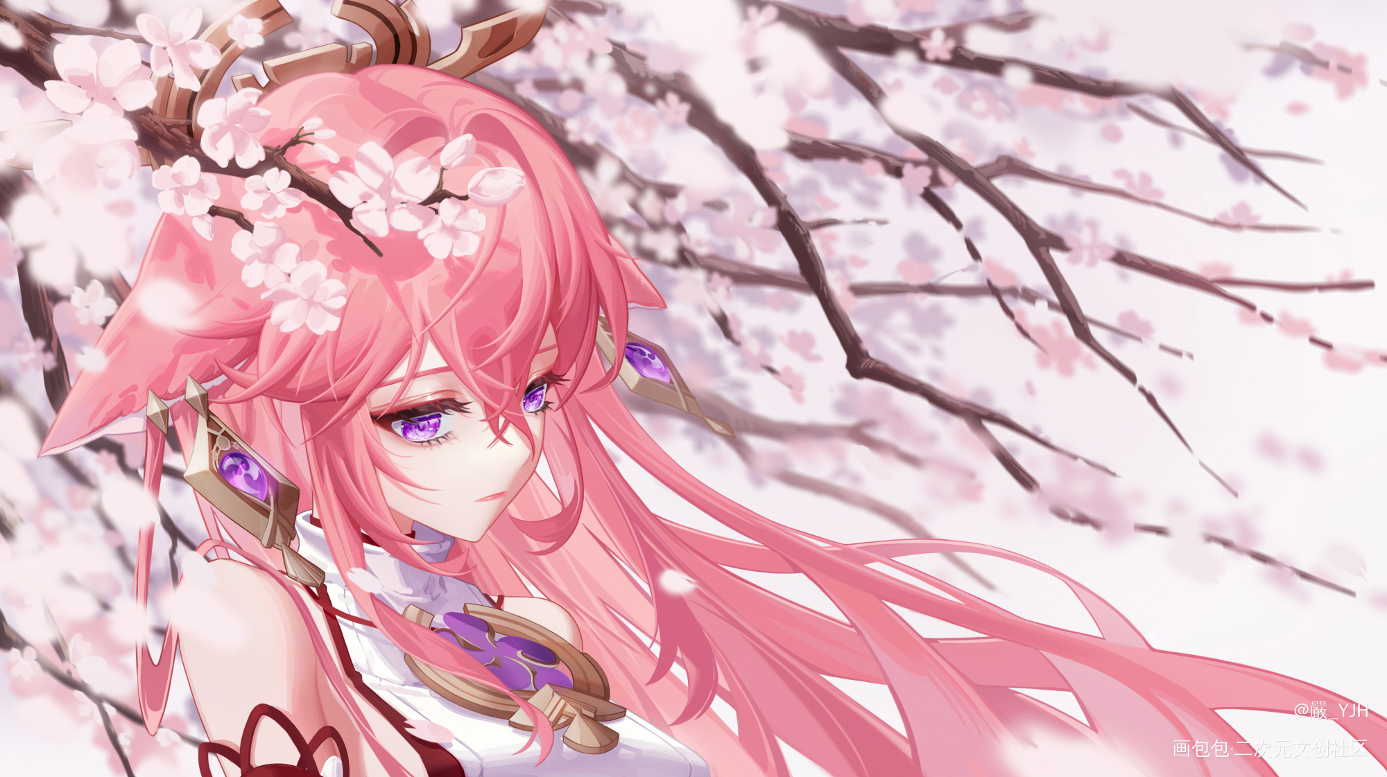 樱花树下🌸_原神插画八重神子二次元壁纸板绘绘画绘画作品