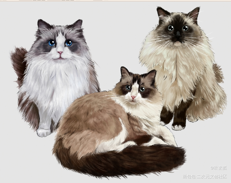 美猫家族_手绘立绘可爱古风半厚涂水彩平涂Q版绘画作品