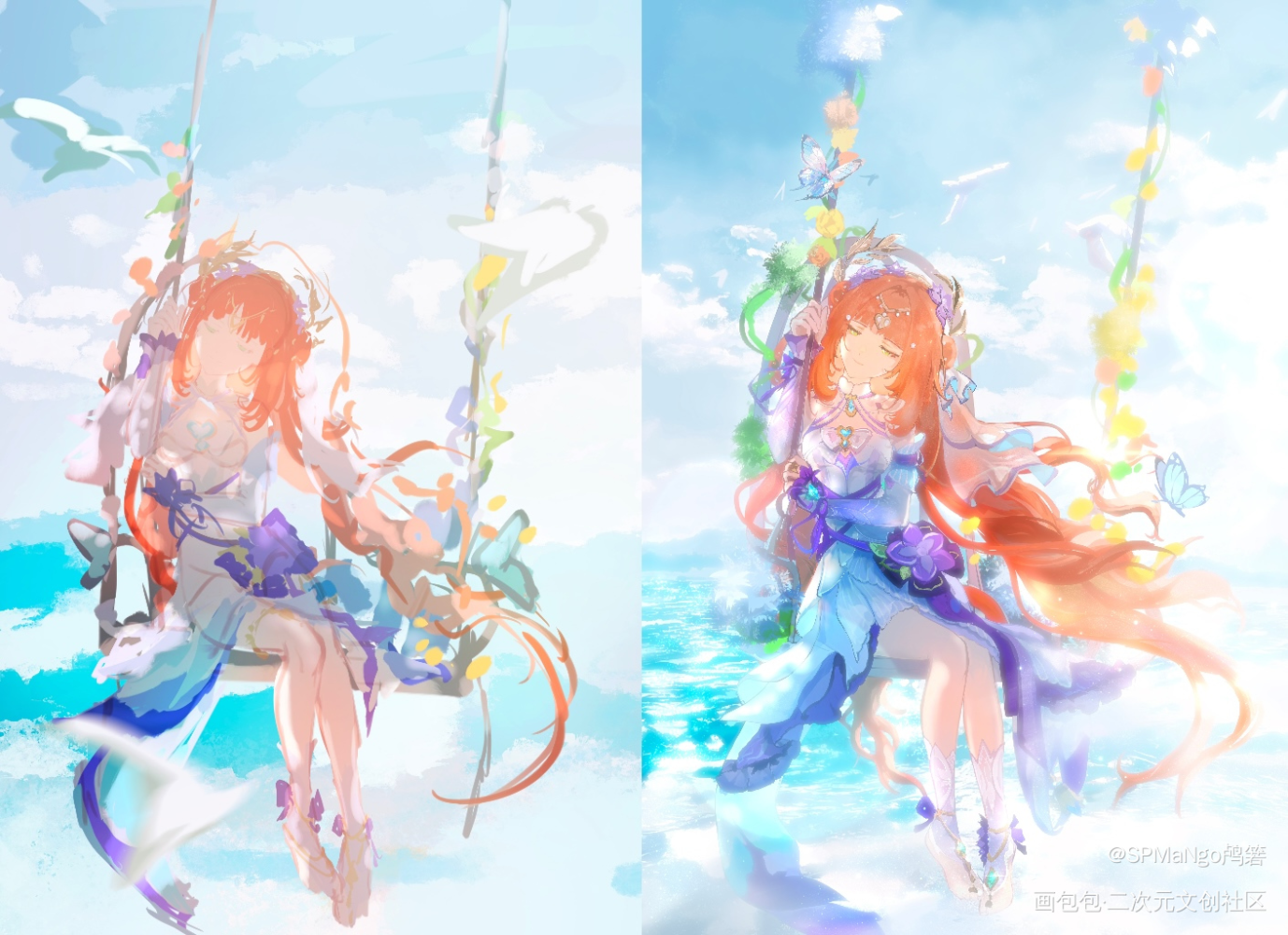 草稿变成成稿的过程～～_原神插画妮露绘画作品