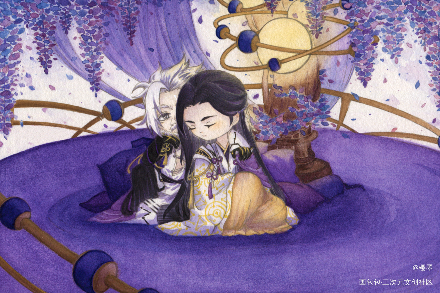 聂萧–伴花眠_剑网3聂萧衍天宗手绘水彩绘画作品
