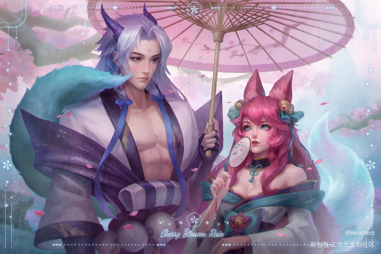 永恩与阿狸的完成版来啦！_永恩英雄联盟阿狸情头插画插画约稿LOL绘画作品