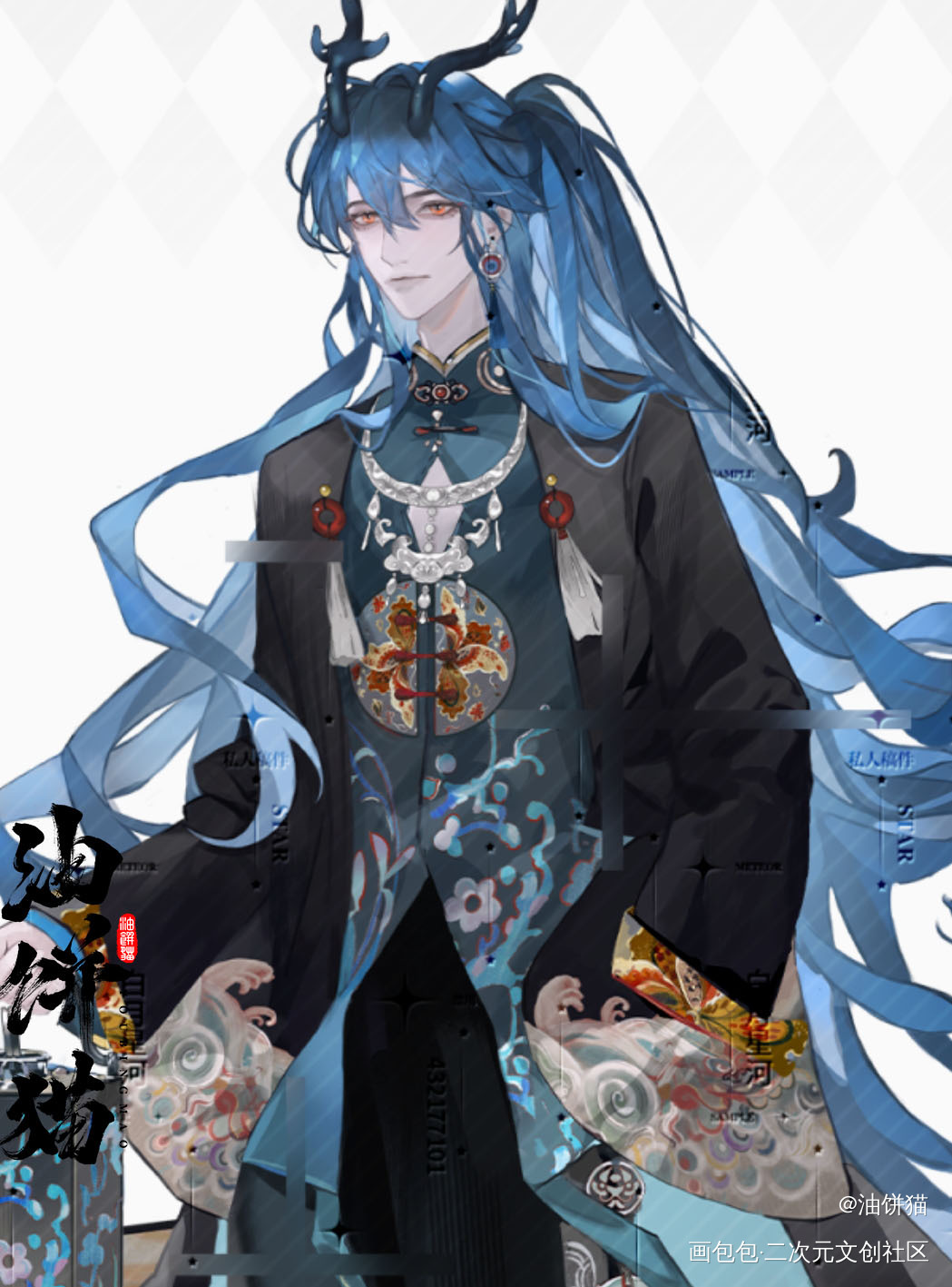 文物拟人—银烧蓝暖酒壶_国风角色设计人设文物拟人原创插画板绘绘画作品