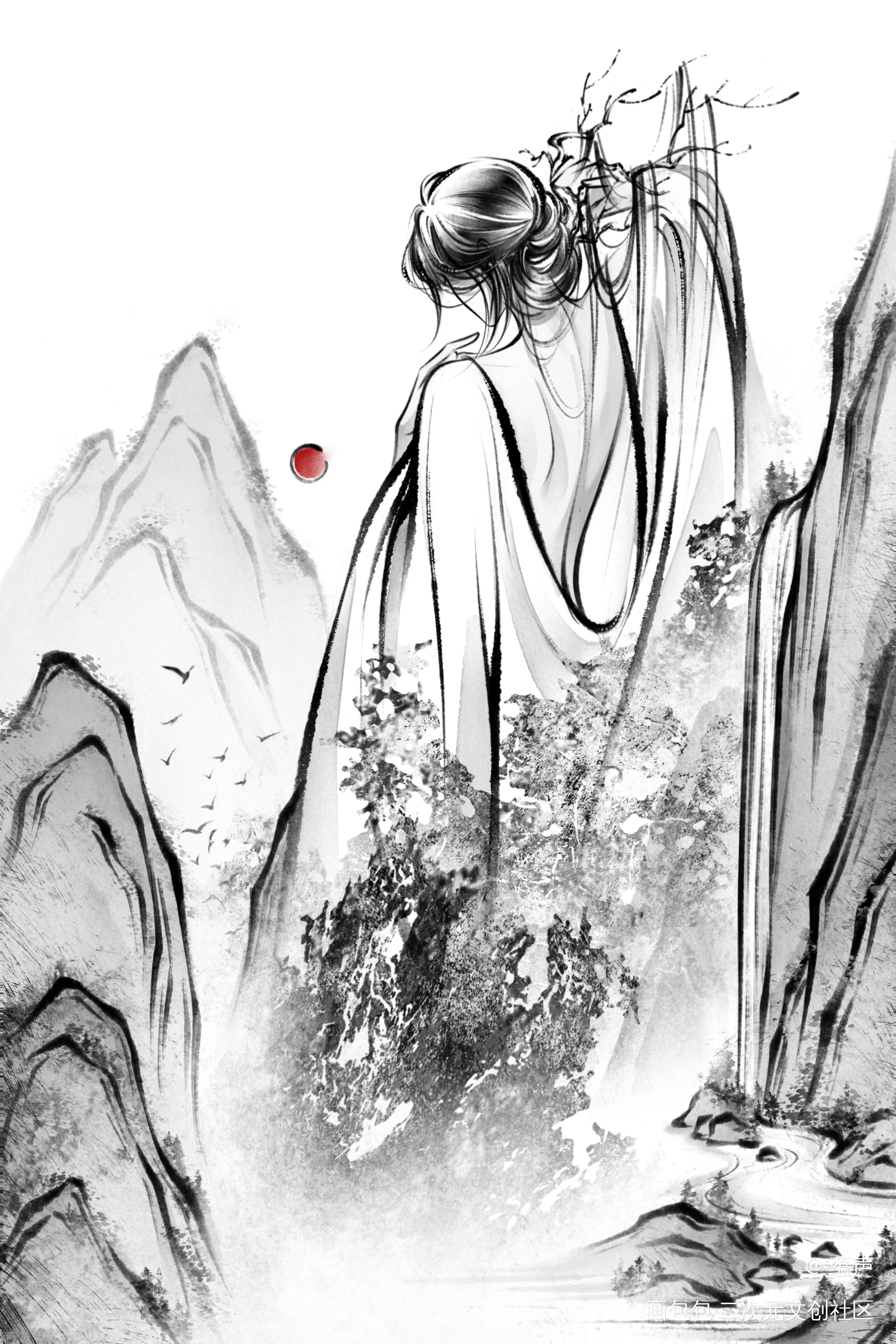 沐于群山之间_如烟海水墨古风原创oc绘画作品