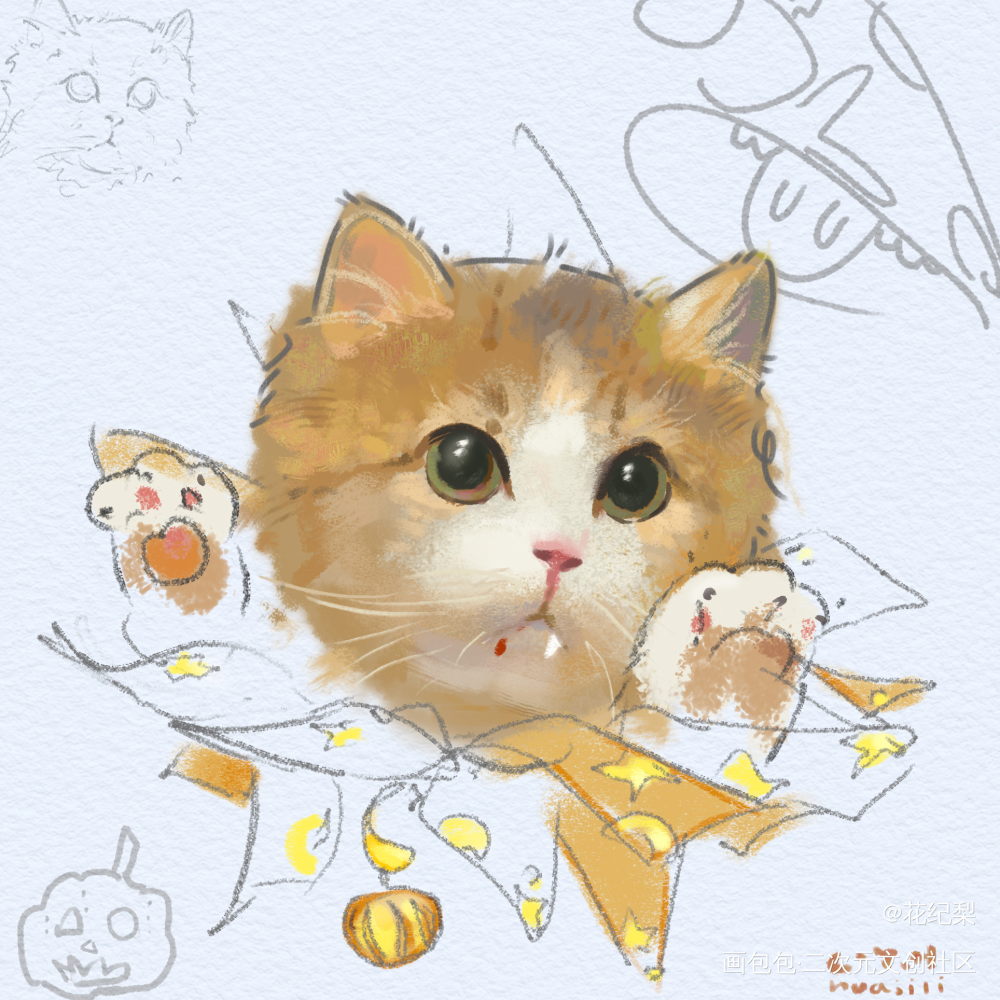 🎃喵呜_万圣节插画接稿猫摸鱼板绘绘画作品