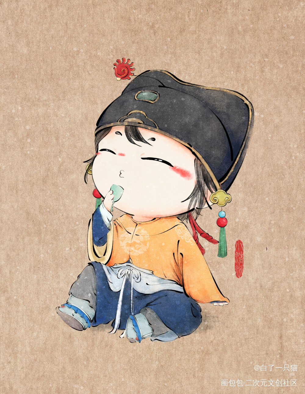 戬子_杨戬水墨古风Q版绘画作品